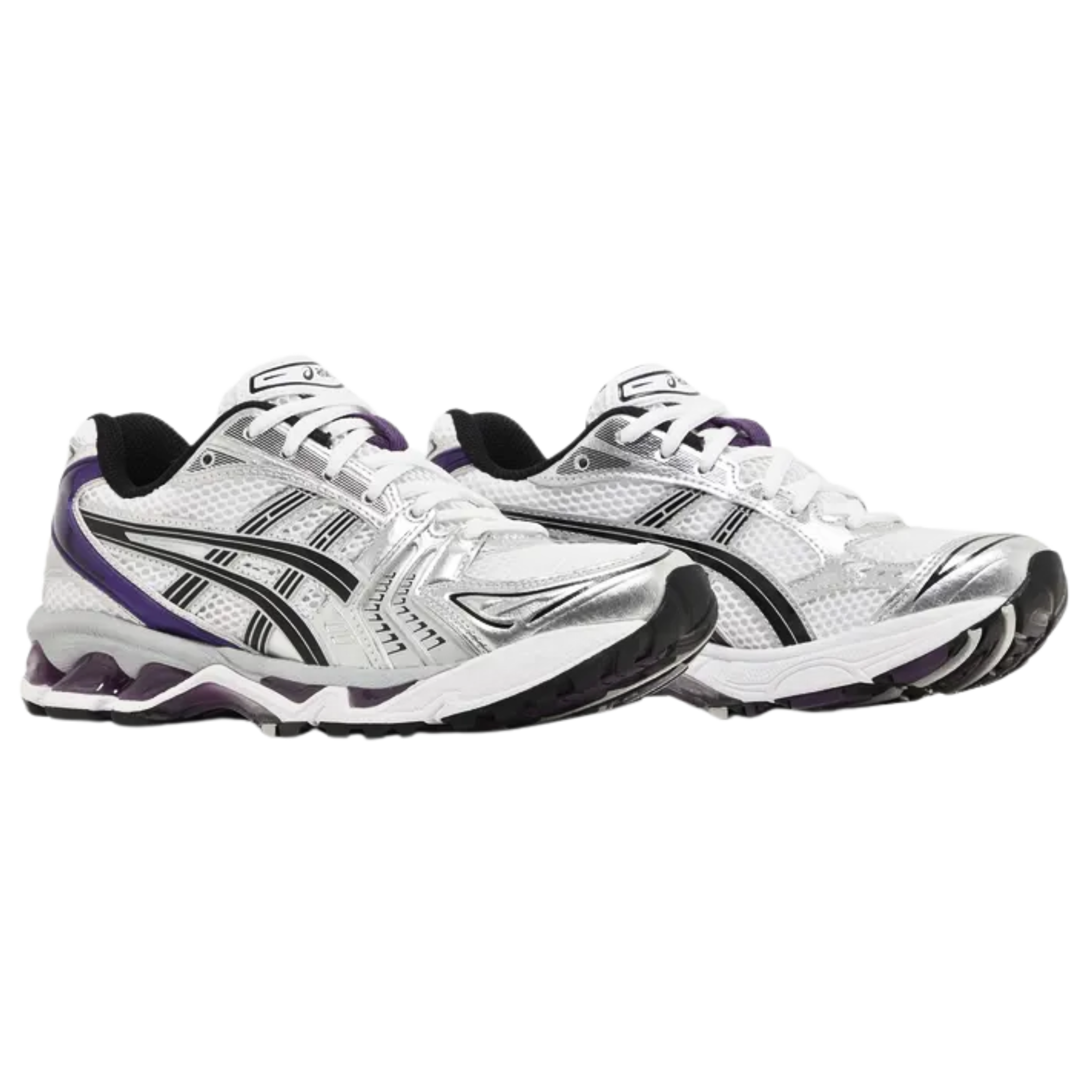 The ASICS Women's Gel Kayano 14 'Silver Grape' sneaker features a breathable white mesh upper with metallic silver synthetic leather overlays. Black arcing lines create the signature tiger stripes, while a metallic violet curved heel overlay adds contrast. The sneaker offers lightweight cushioning with a two-tone foam midsole, enhanced by purple-tinted Gel inserts in the forefoot and heel for superior comfort and support.