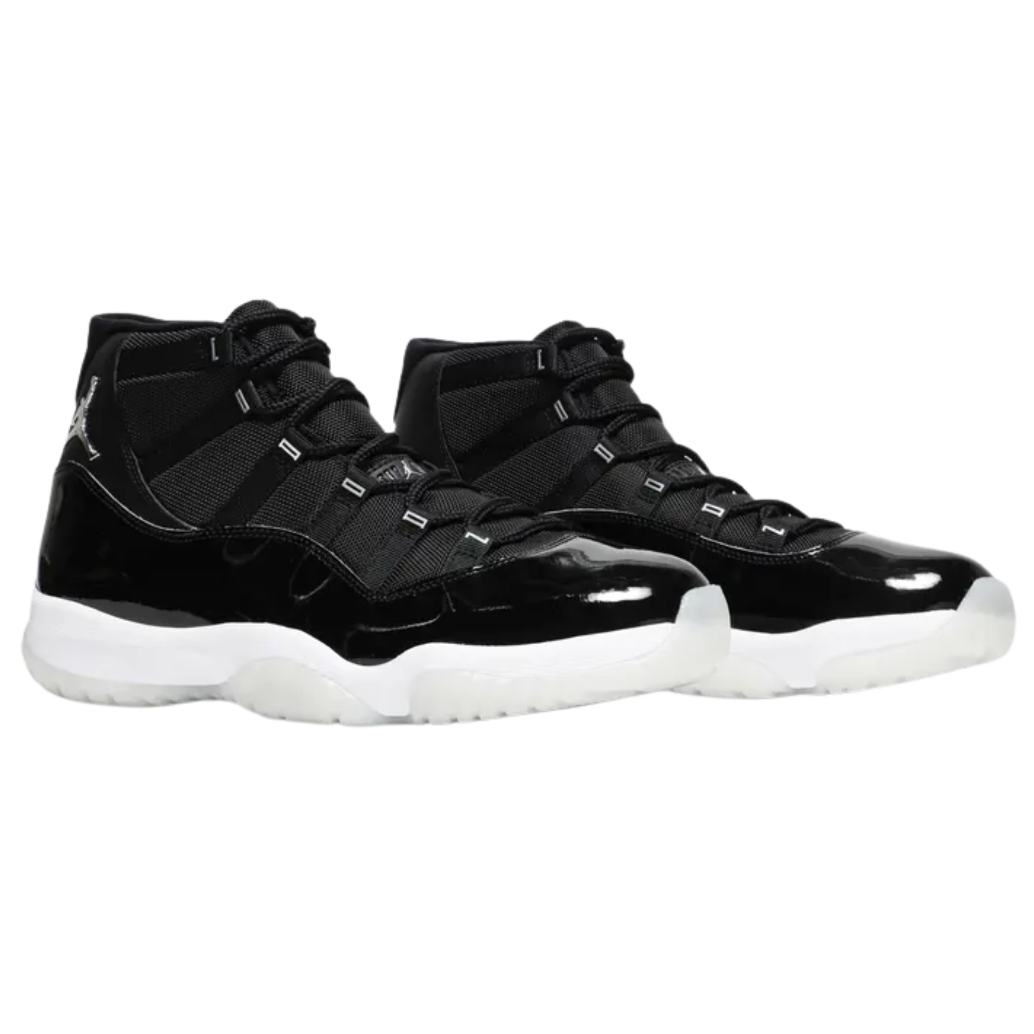 The Air Jordan 11 'Jubilee' celebrates the 25th anniversary with a black ballistic mesh and patent leather upper. A 3D metallic Jumpman and '23' branding adorn the heel, with 'Jordan' spelled out in silver lettering on the eyelets. The sneaker features a white foam midsole and translucent rubber outsole.