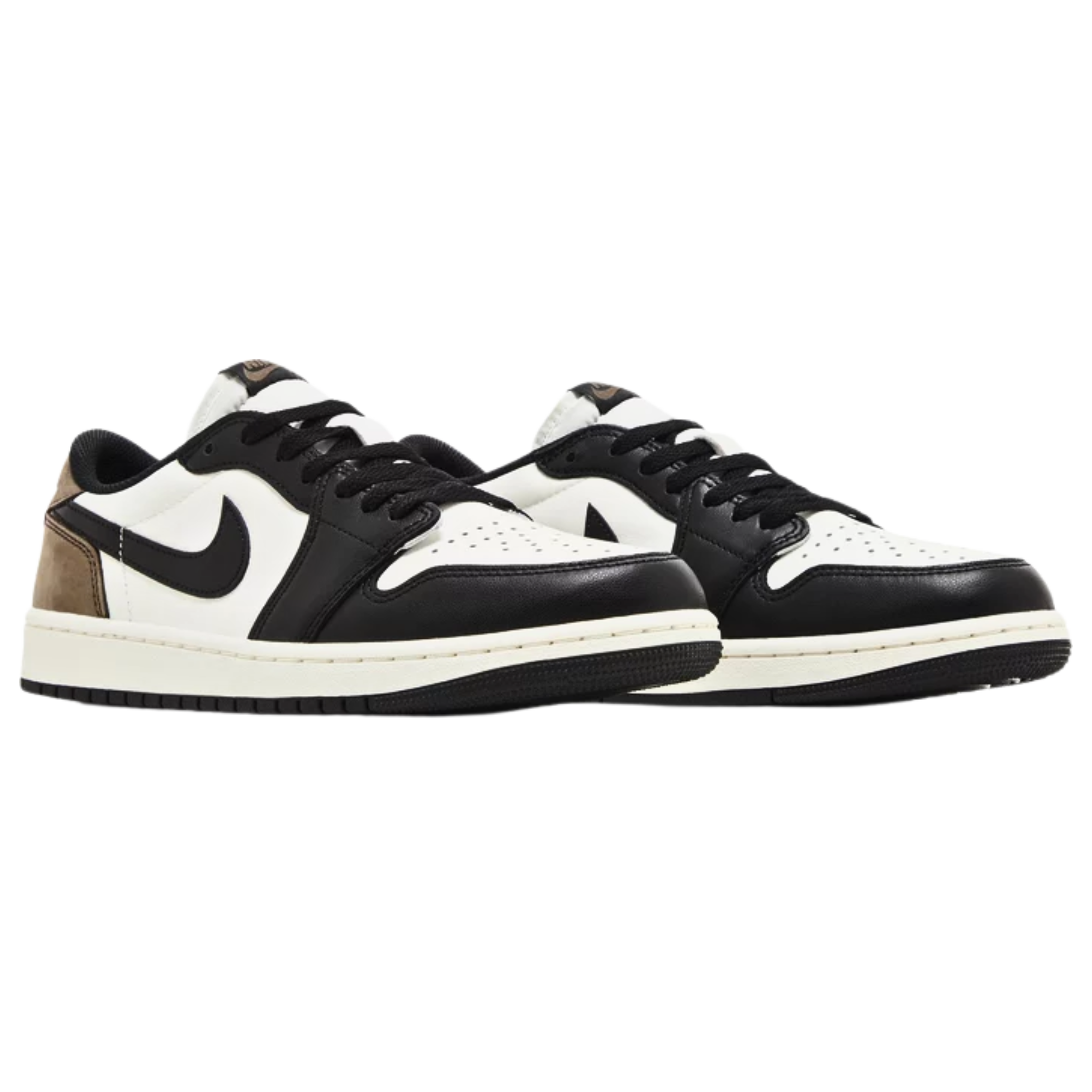Air Jordan 1 Retro Low OG 'Mocha' featuring a white leather upper with black accents on the forefoot overlay and Swoosh. The sneaker includes brown nubuck heel overlays and back tab with a black Wings logo, Nike Air branding on the woven tongue tag and sockliner, and an off-white midsole with encapsulated Air-sole cushioning and a black rubber outsole.