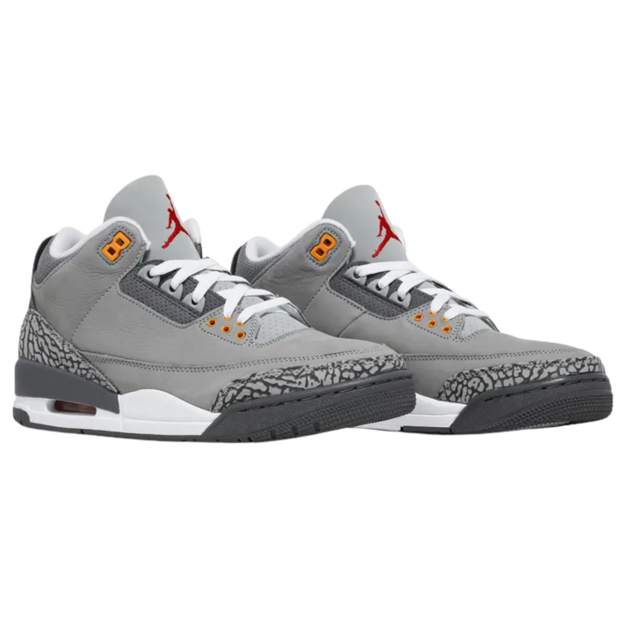 2021 reissue of the Air Jordan 3 Retro 'Cool Grey' with a grey leather upper, signature elephant print overlays at the toe and heel. The tongue features an embroidered Jumpman in Sport Red, with citrus hits of Orange Peel on the molded eyelets and Jumpman logo on the back heel.