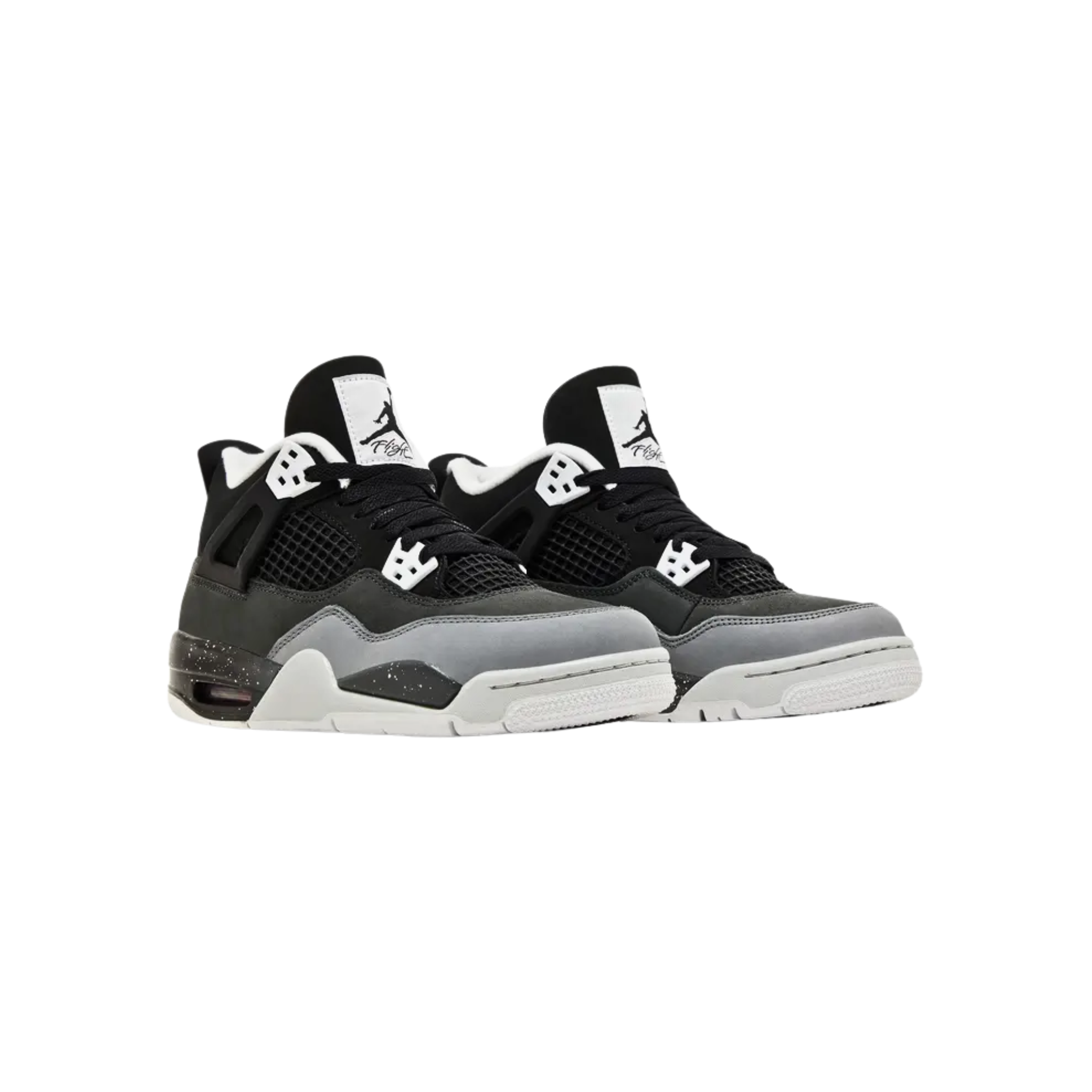 The 2024 Air Jordan 4 Retro GS 'Fear' features a black nubuck upper with Cool Grey and Pure Platinum accents, Jumpman branding on the tongue and heel, and a speckled black midsole with a red-tinged Air-sole unit.