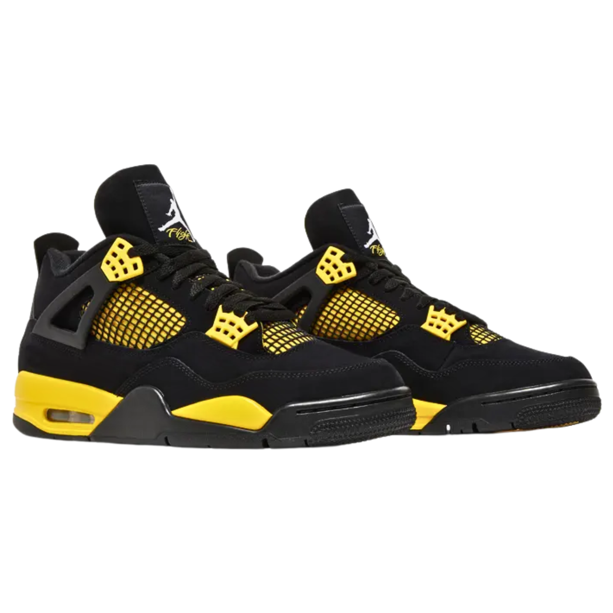 Air Jordan 4 Retro 'Thunder' (2023) featuring a smooth black nubuck upper with yellow accents on the molded eyelets, quarter panel, and lower tongue, all covered in black netting. The sneaker includes Jumpman branding on the Flight tongue tag and molded heel tab, a yellow polyurethane midsole with an exposed Air-sole unit in the heel for cushioning.