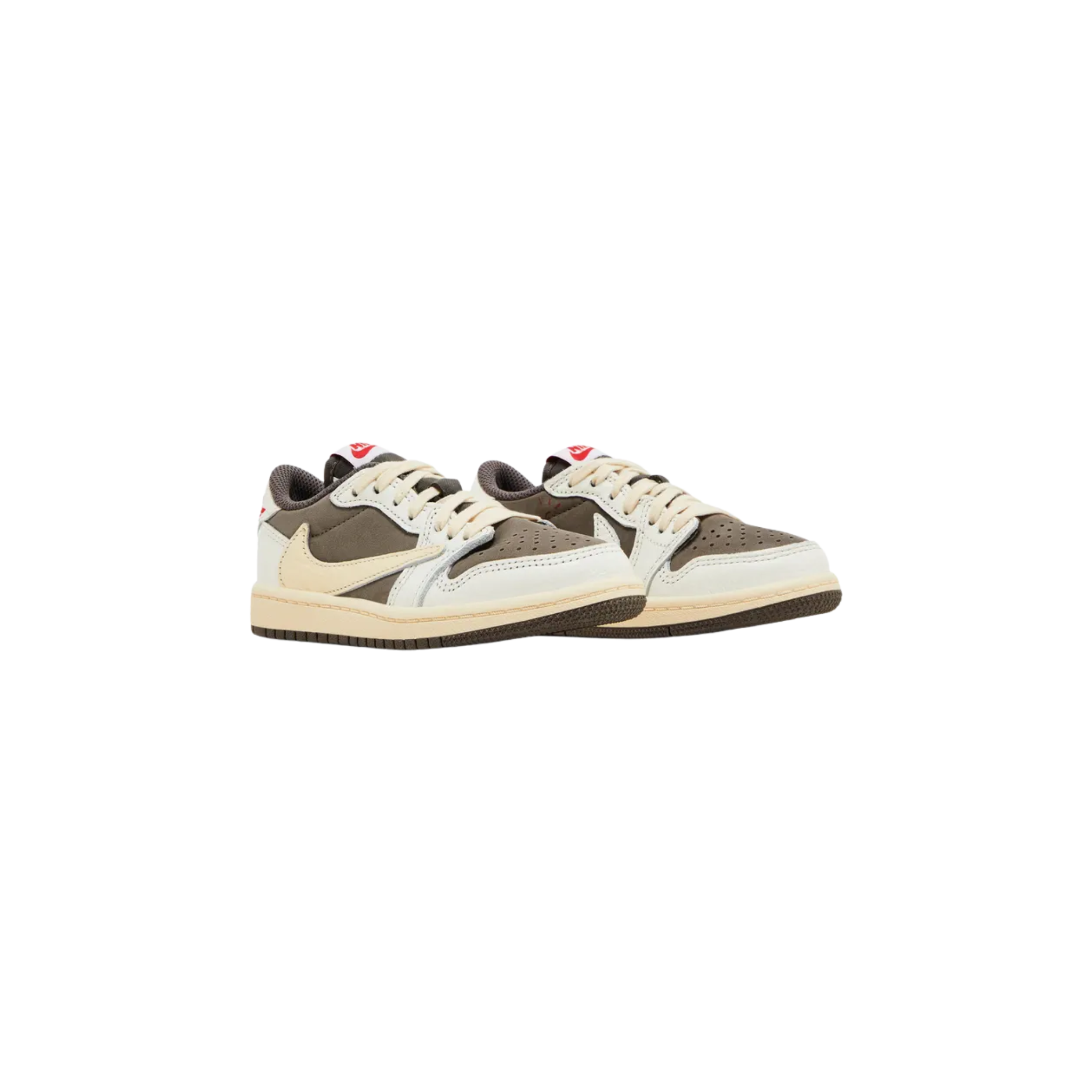 The Travis Scott x Air Jordan 1 Retro Low OG PS ‘Reverse Mocha’ for little kids features a brown nubuck upper with off-white leather overlays, an oversized reverse Swoosh, woven Nike Air and Cactus Jack tags, crimson embroidered heel tabs with Travis Scott's face on the left and the Jordan Wings logo on the right, an aged midsole, and a brown rubber outsole.