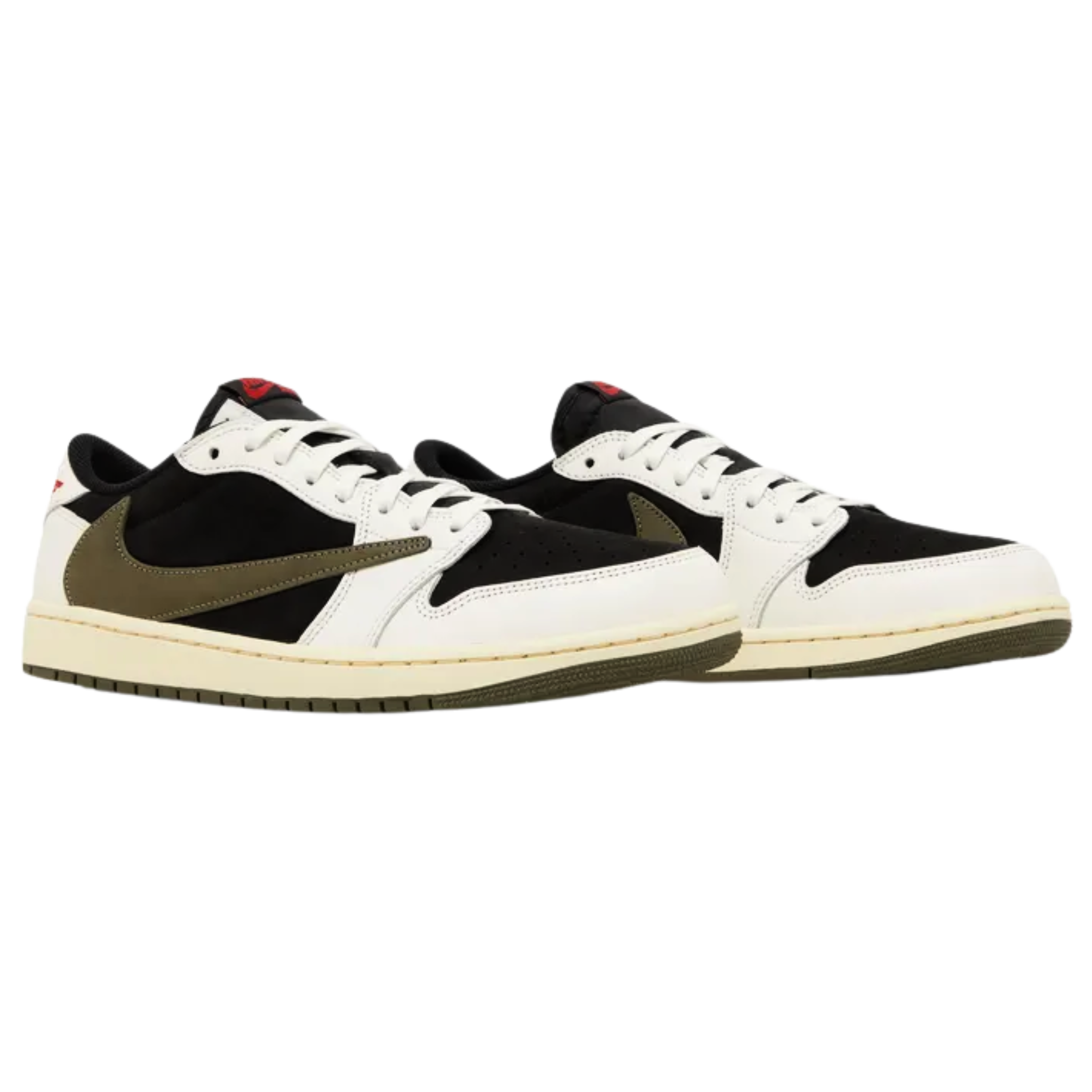 Travis Scott x Women’s Air Jordan 1 Retro Low OG SP ‘Olive’ featuring a black suede base with off-white leather overlays, olive suede Swooshes, and a reverse check on the lateral side. The sneaker includes crimson accents on woven Nike Air tongue tags, mismatched Jordan and Cactus Jack branding on the heel tabs, and a rubber cupsole with vintage off-white sidewalls and an olive green rubber outsole.