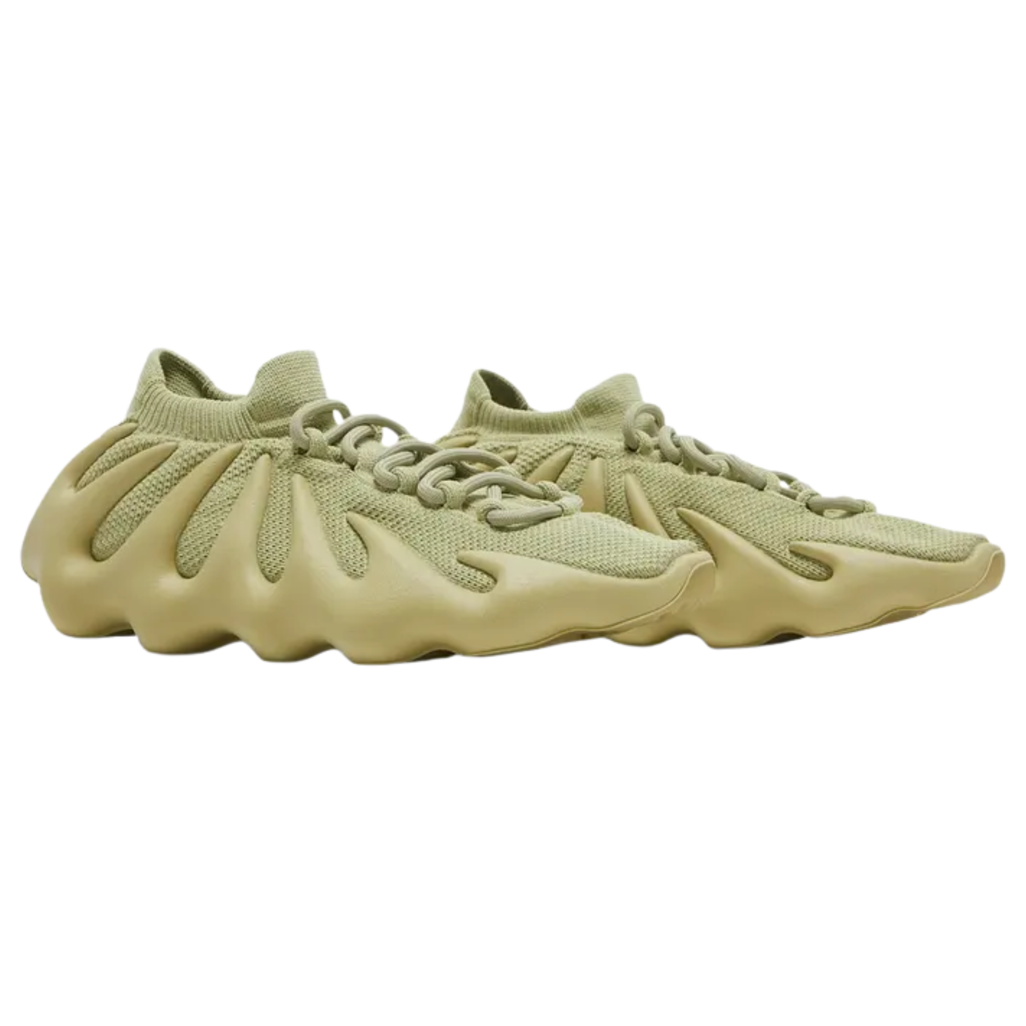 Shop the adidas Yeezy 450 ‘Resin’ featuring a pale green monochrome finish with a one-piece knit upper and claw-like EVA midsole. Designed with tapered 'fingers' wrapping the side panels, tonal rope laces, a sock-like cuff, and Ortholite insole with dual adidas and Yeezy branding. The contoured rubber outsole ensures optimal grip with a wavy traction pattern.