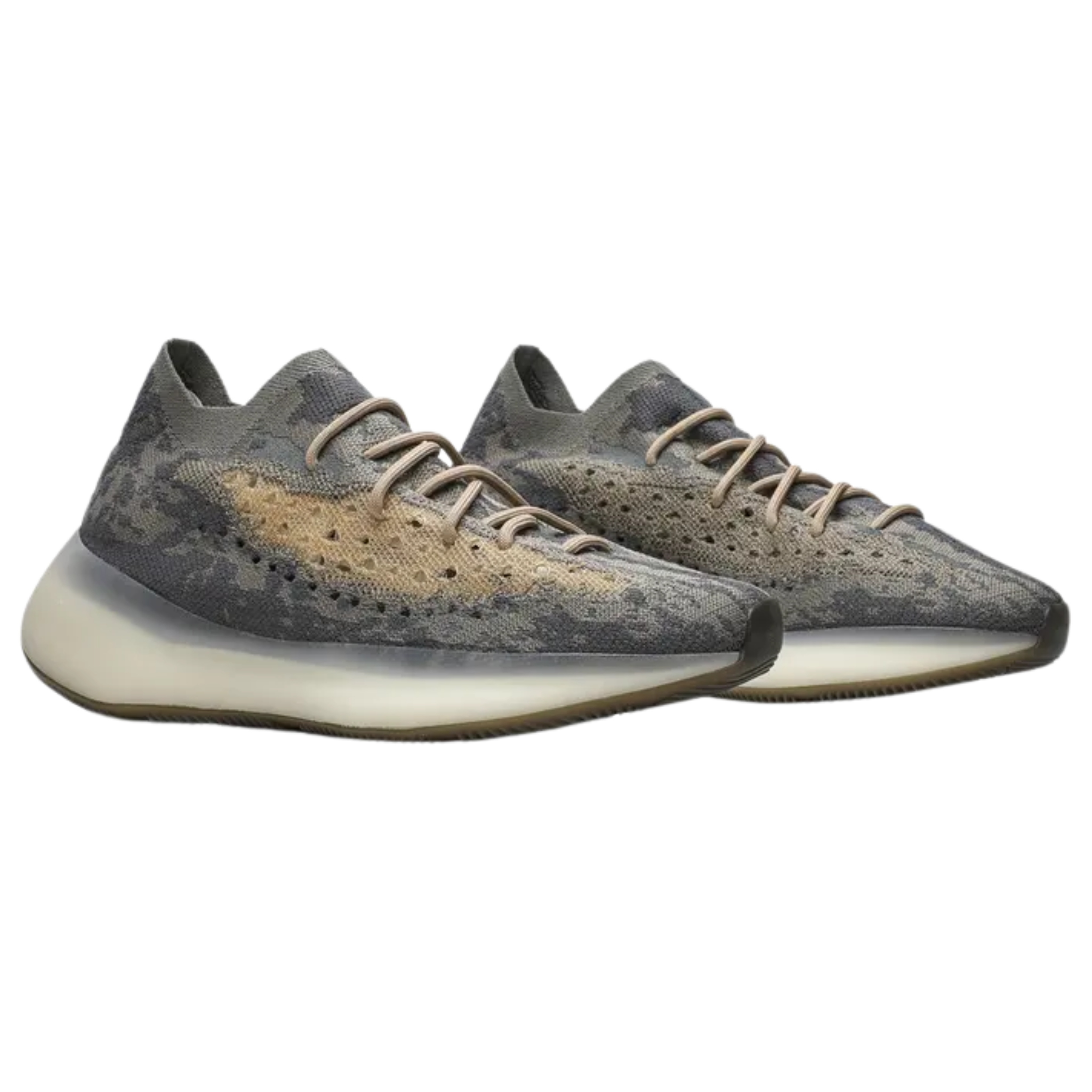 Shop the adidas Yeezy Boost 380 ‘Mist Non-Reflective,’ featuring a breathable Primeknit upper with a camo-like pattern in neutral grey and tan hues. The sock-like collar, integrated rope laces, and perforated side panels ensure comfort and breathability. The sneaker features a semi-translucent rubber cage over the full-length Boost midsole, with a gum rubber outsole for enhanced traction.