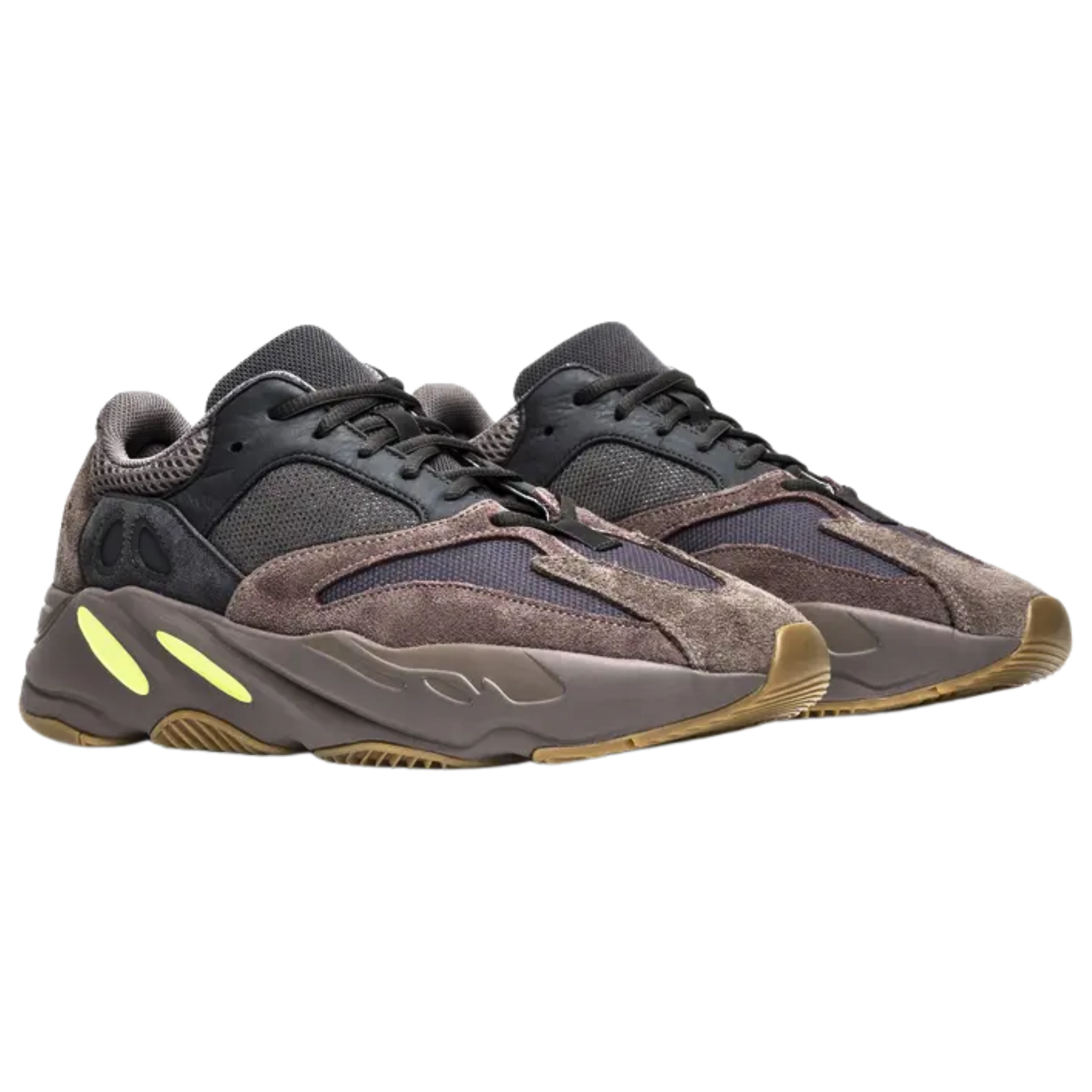 Shop the adidas Yeezy Boost 700 ‘Mauve,’ featuring a multi-layered upper in black and purplish grey with mesh, suede, and textured leather panels. The sculpted midsole is accented with neon green, while subtle exterior branding includes Three-Stripes on the quarter panel and an embossed adidas logo on the outsole.