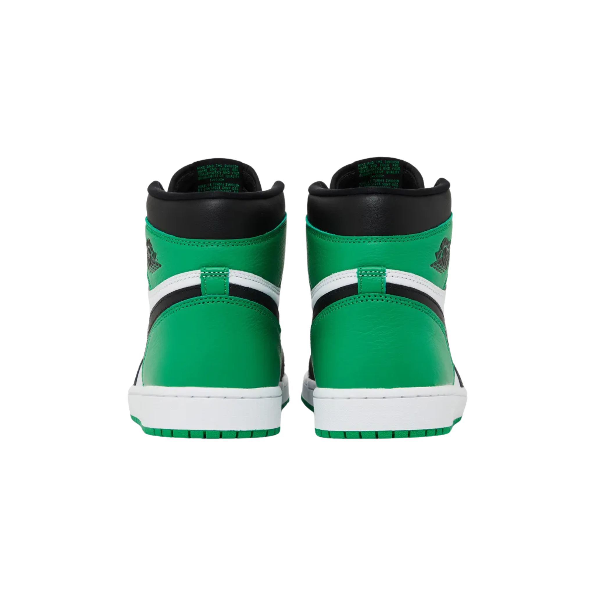 Air Jordan 1 Retro High OG ‘Lucky Green’ featuring a smooth leather upper with a white base and black accents on the forefoot overlay, Swoosh, and padded collar. The sneaker includes green accents on the heel overlay and ankle flap, a retro Wings logo on the lateral side, and a woven Nike tag atop the breathable nylon tongue.