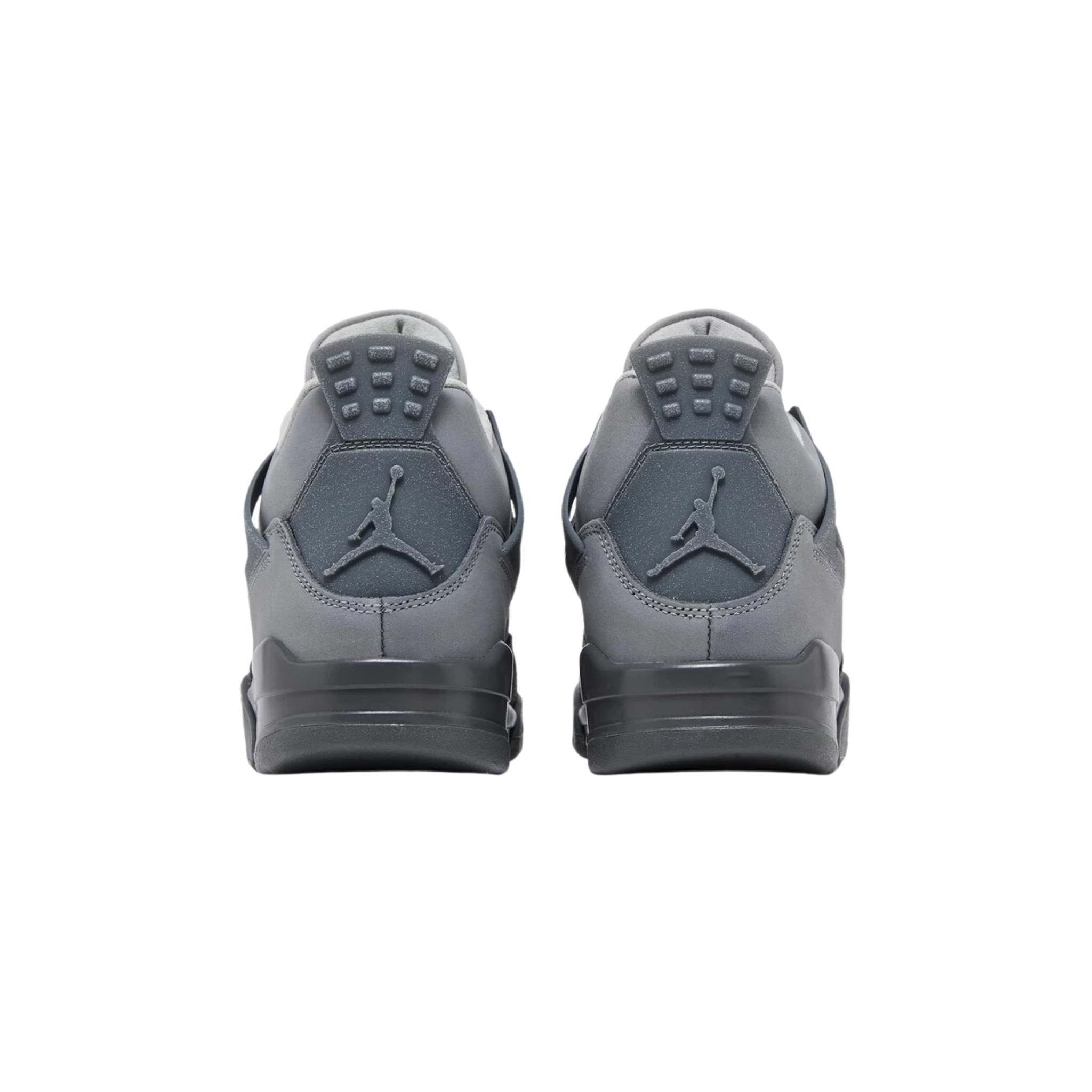 Air Jordan 4 Retro SE 'Wet Cement' (Paris Olympics) featuring a grey nubuck upper with a suede forefoot overlay and debossed grid pattern on the quarter panel. The sneaker includes speckled TPU support wings, a molded back tab with a raised Jumpman icon, a second Jumpman logo on the tongue, and a dark grey polyurethane midsole with visible Air-sole cushioning in the heel.