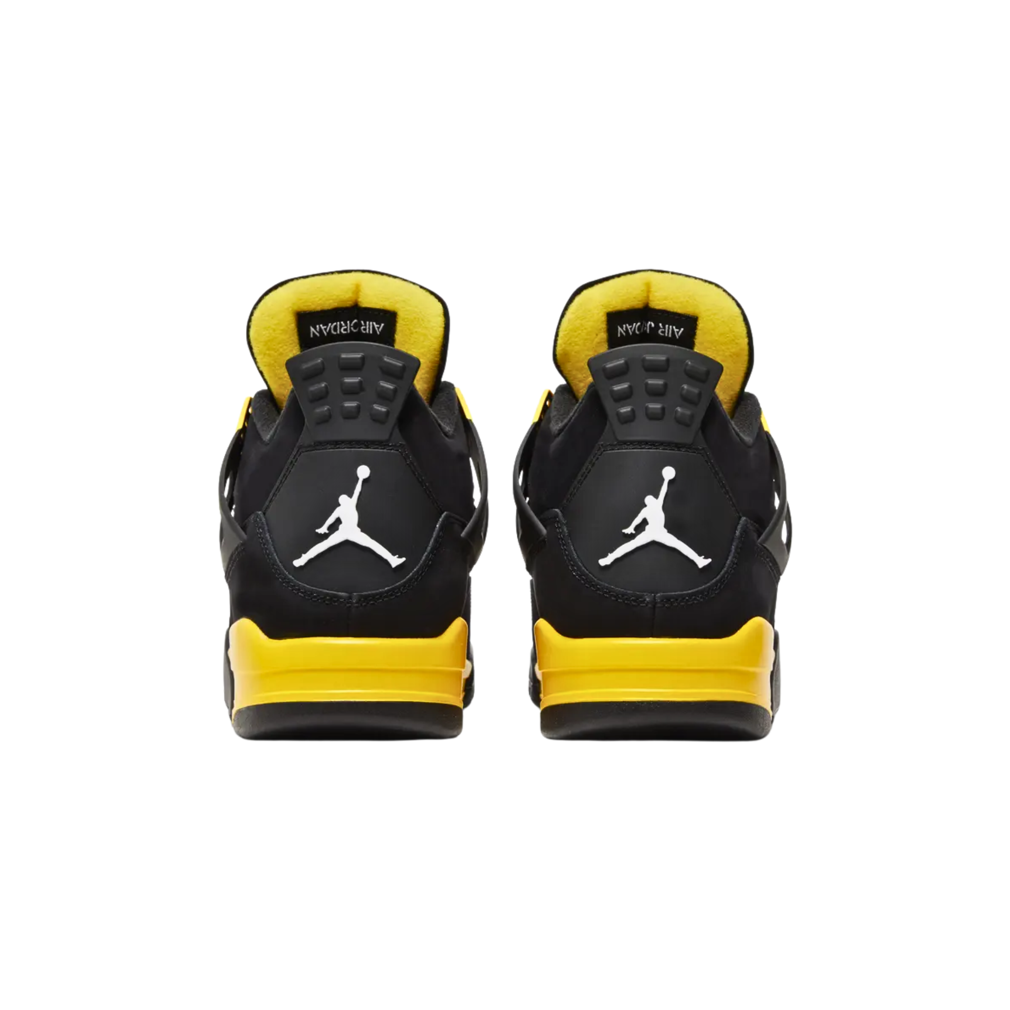 Air Jordan 4 Retro 'Thunder' (2023) featuring a smooth black nubuck upper with yellow accents on the molded eyelets, quarter panel, and lower tongue, all covered in black netting. The sneaker includes Jumpman branding on the Flight tongue tag and molded heel tab, a yellow polyurethane midsole with an exposed Air-sole unit in the heel for cushioning.