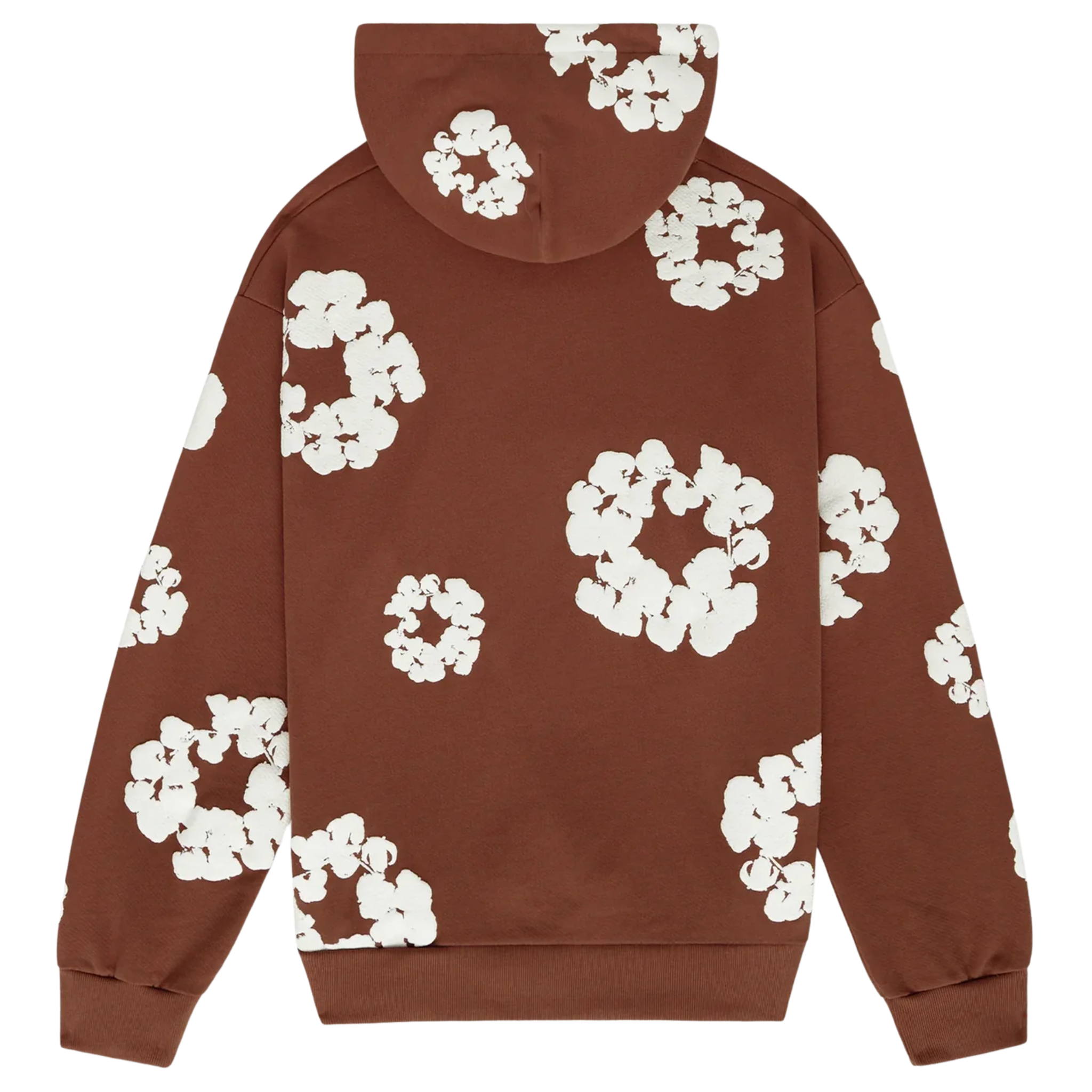 The Denim Tears The Cotton Wreath Hoodie in brown features the signature cotton wreath logo on the chest. Made from soft, comfortable fabric, this hoodie offers a relaxed fit, perfect for casual wear. The rich brown color adds a warm, stylish touch to any outfit.