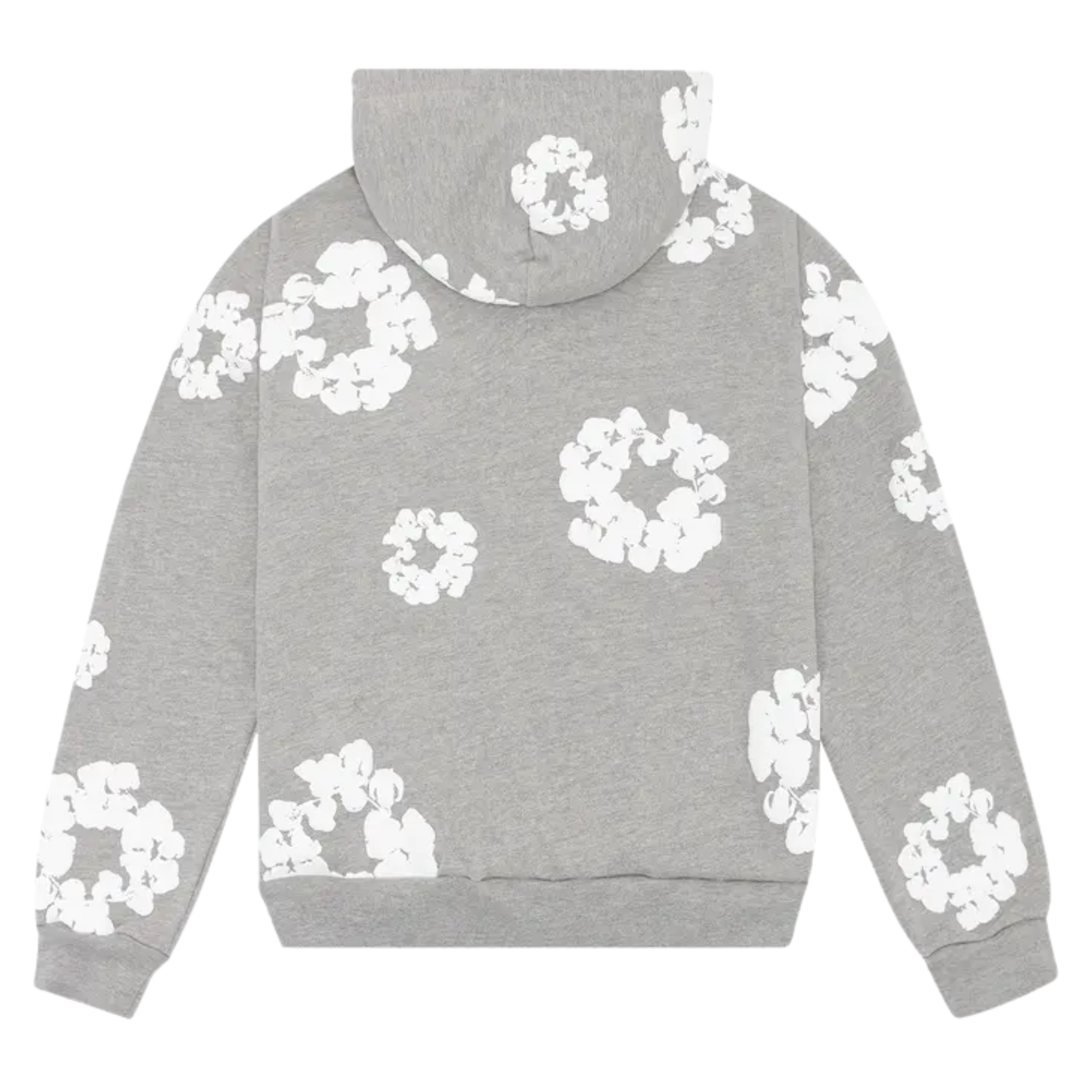 The Denim Tears The Cotton Wreath Hoodie in grey features a minimalist design with a graphic of the cotton wreath logo on the chest. Made from soft, comfortable fabric, this hoodie combines casual style with cultural significance, offering a relaxed fit and a versatile grey colorway.