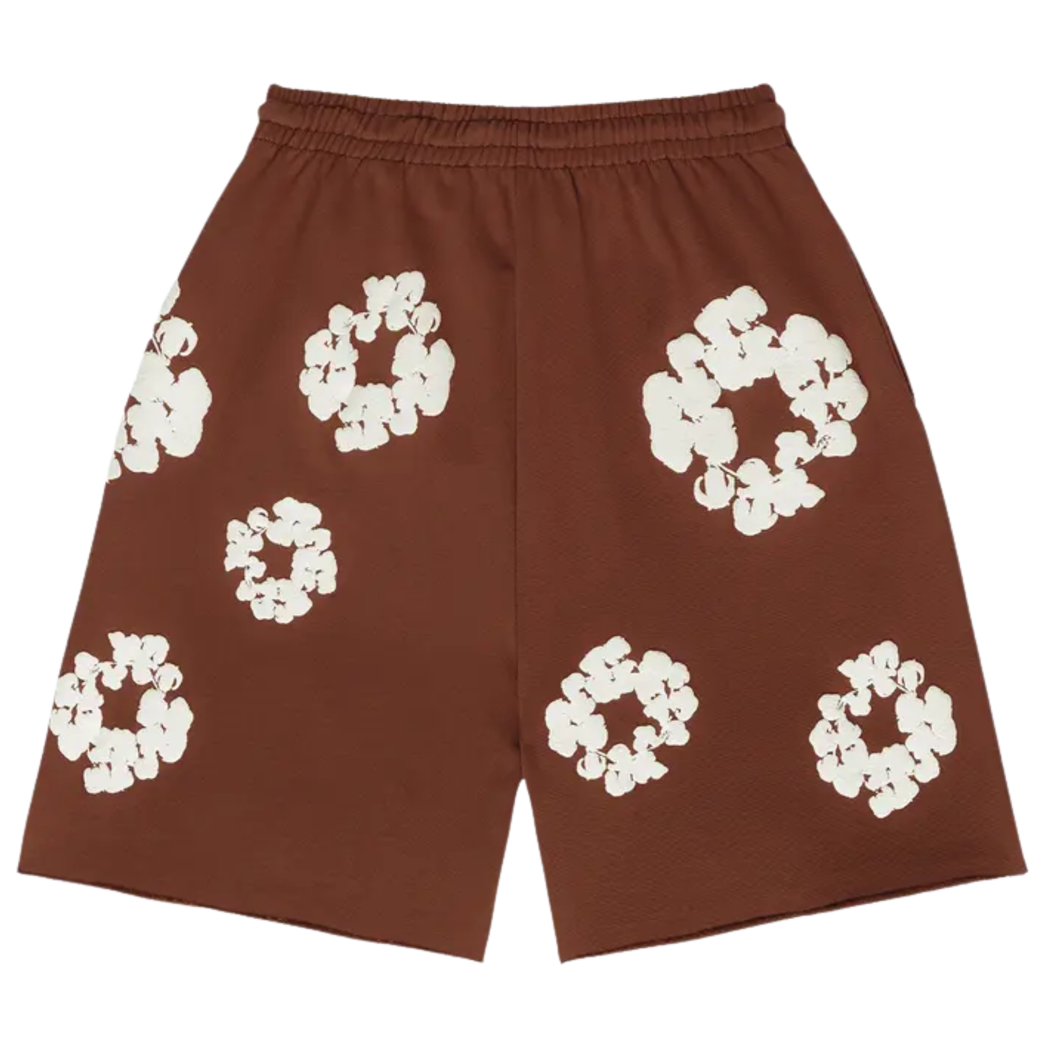 The Denim Tears The Cotton Wreath Shorts in brown feature a casual, comfortable design with the iconic cotton wreath logo embroidered on the left leg. Made from soft, durable fabric, these shorts offer a relaxed fit and are perfect for warm weather or laid-back styling, with a rich brown color that adds a unique touch to any outfit.