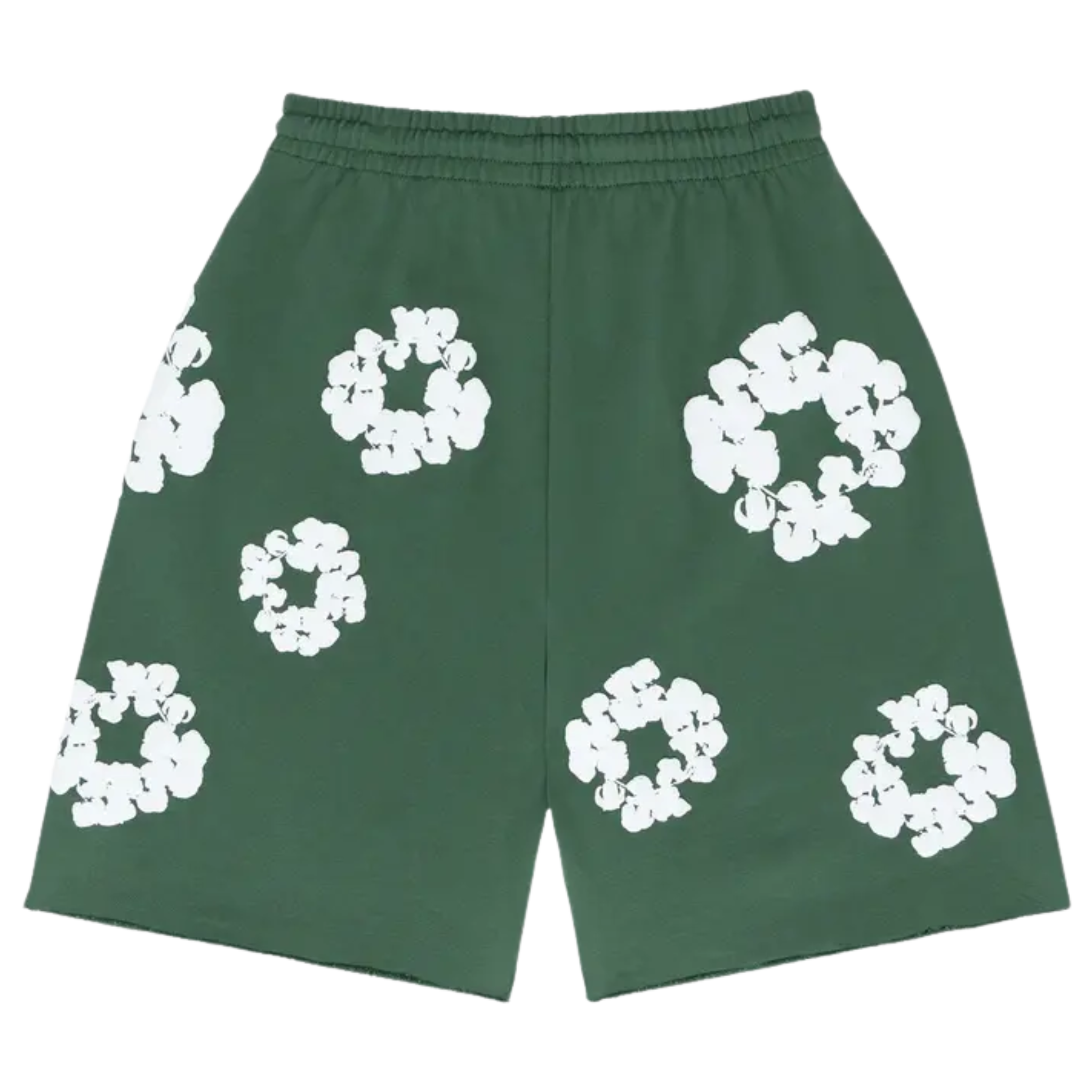 The Denim Tears The Cotton Wreath Shorts in green feature the signature cotton wreath logo embroidered on the left leg. Made from soft, high-quality fabric, these shorts offer a comfortable, relaxed fit, perfect for casual wear. The vibrant green color adds a fresh, stylish touch to any outfit.