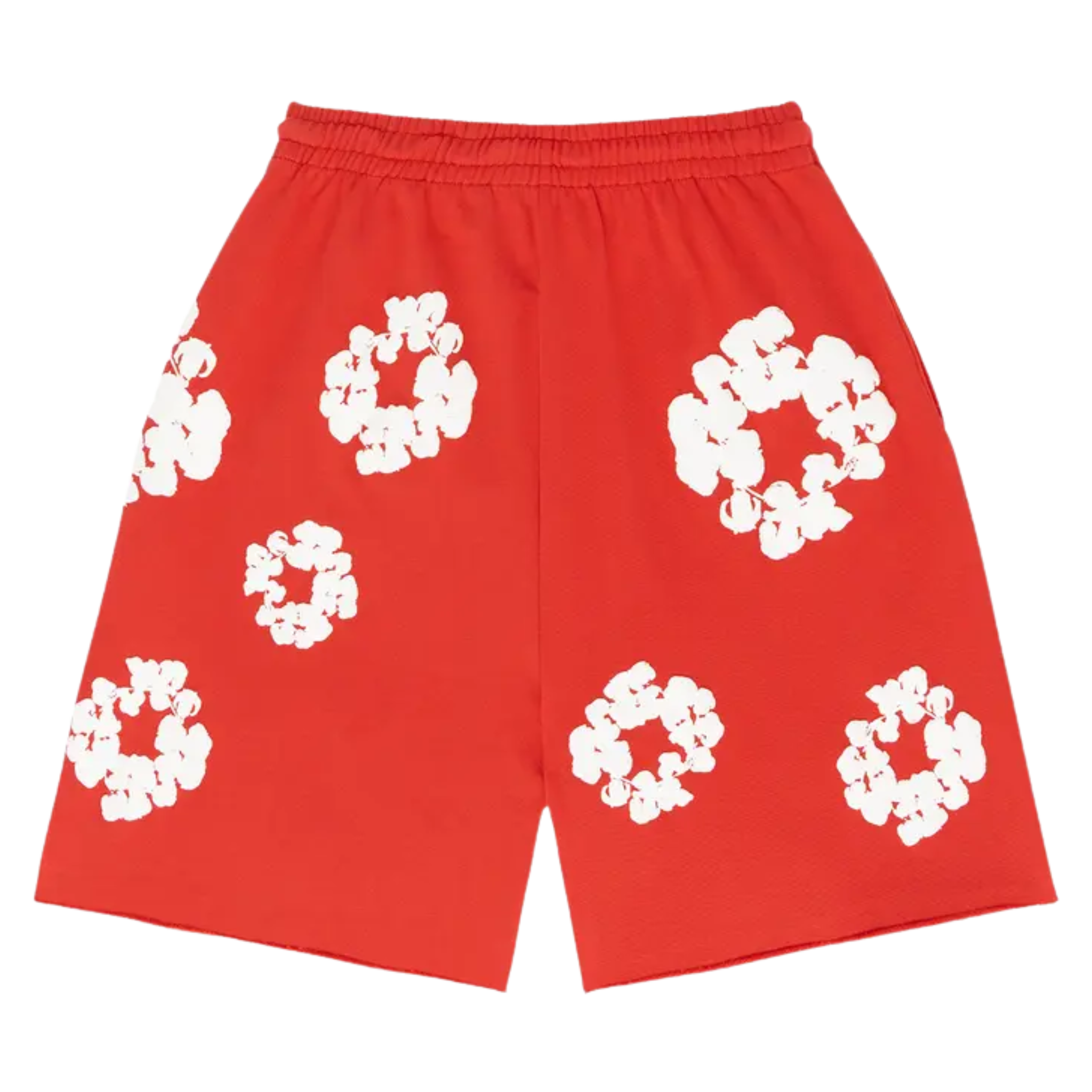The Denim Tears The Cotton Wreath Shorts in red feature the signature cotton wreath logo embroidered on the left leg. Made from soft, high-quality fabric, these shorts offer a relaxed fit and are perfect for casual wear. The vibrant red color adds a bold touch to any outfit.