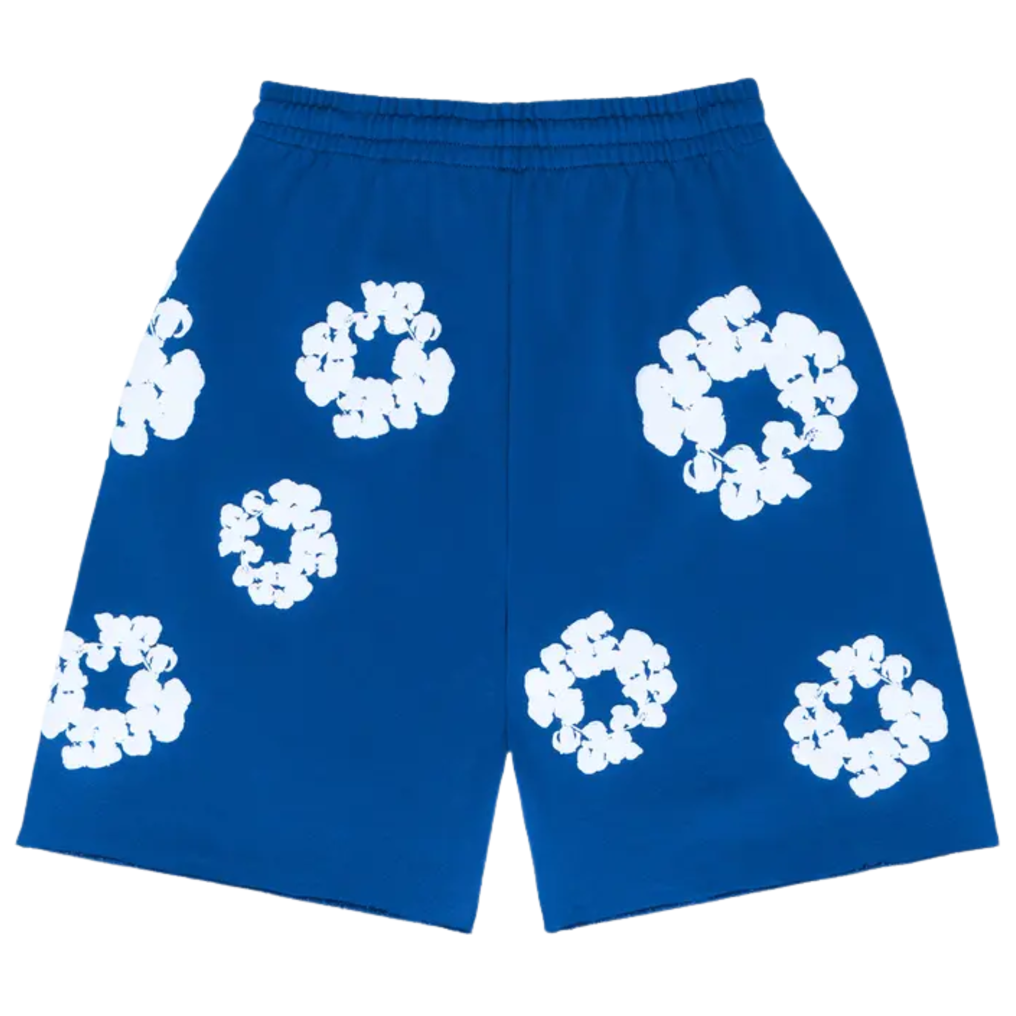 The Denim Tears The Cotton Wreath Shorts in royal blue feature the signature cotton wreath logo embroidered on the left leg. Made from soft, high-quality fabric, these shorts offer a comfortable, relaxed fit, making them perfect for casual wear. The vibrant royal blue color adds a bold and stylish touch to any outfit.