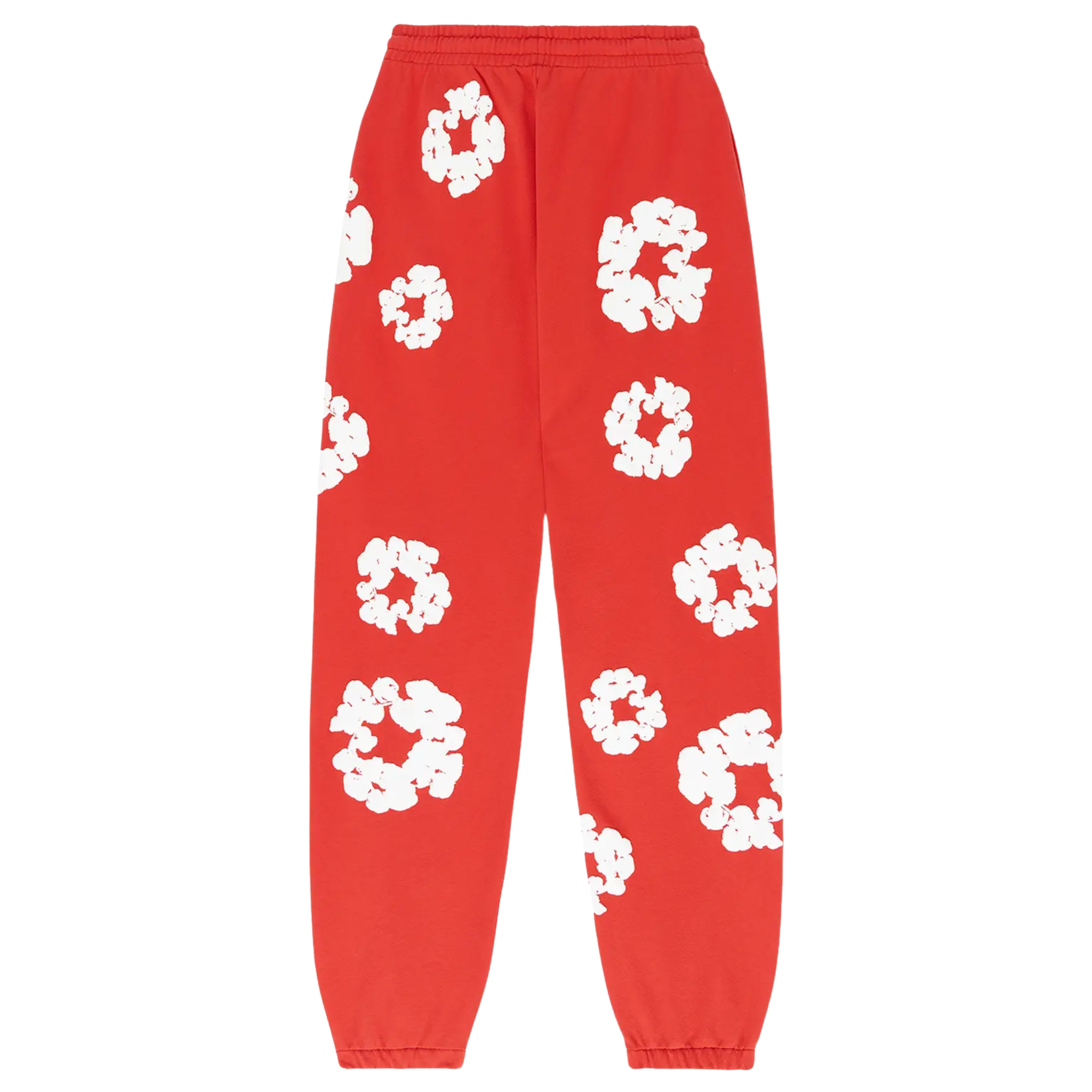 The Denim Tears The Cotton Wreath Sweatpants in red feature the signature cotton wreath logo embroidered on the left leg. Made from soft, high-quality fabric, these sweatpants offer a comfortable, relaxed fit, perfect for casual wear. The bold red color adds a vibrant touch to any outfit.