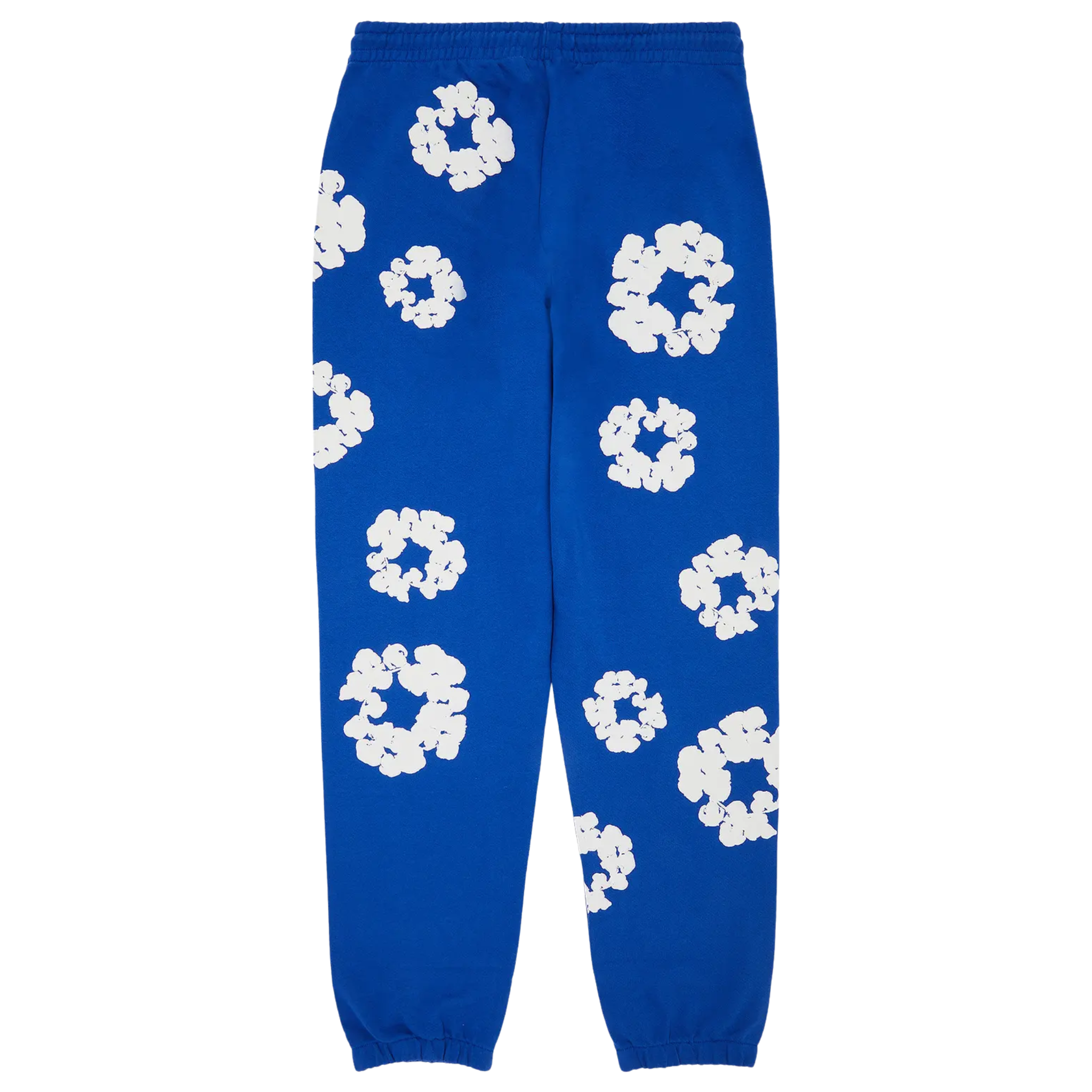The Denim Tears The Cotton Wreath Sweatpants in royal blue feature the iconic cotton wreath logo embroidered on the left leg. Made from soft, comfortable fabric, these sweatpants offer a relaxed fit and are designed for casual wear, with a bold royal blue color that adds a vibrant touch to any outfit.
