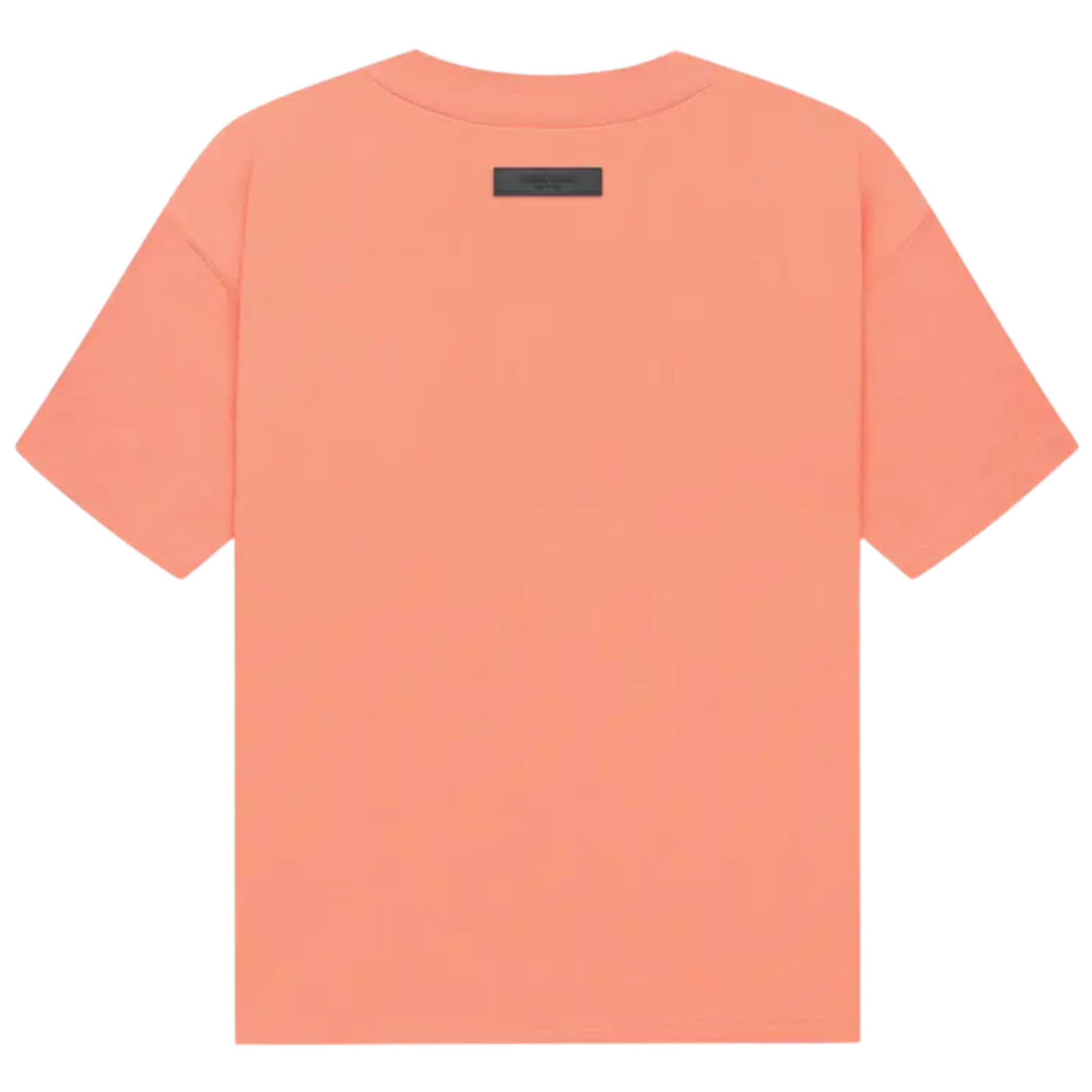 The Fear of God Essentials Short-Sleeve Tee in 'Coral' features a unique orange/pink colorway, cut for a boxy fit. Printed with the "Essentials" logo on the chest, it also includes a rubberized brand patch at the nape. Made from high-quality fabric, this tee offers a comfortable, stylish look for casual wear.