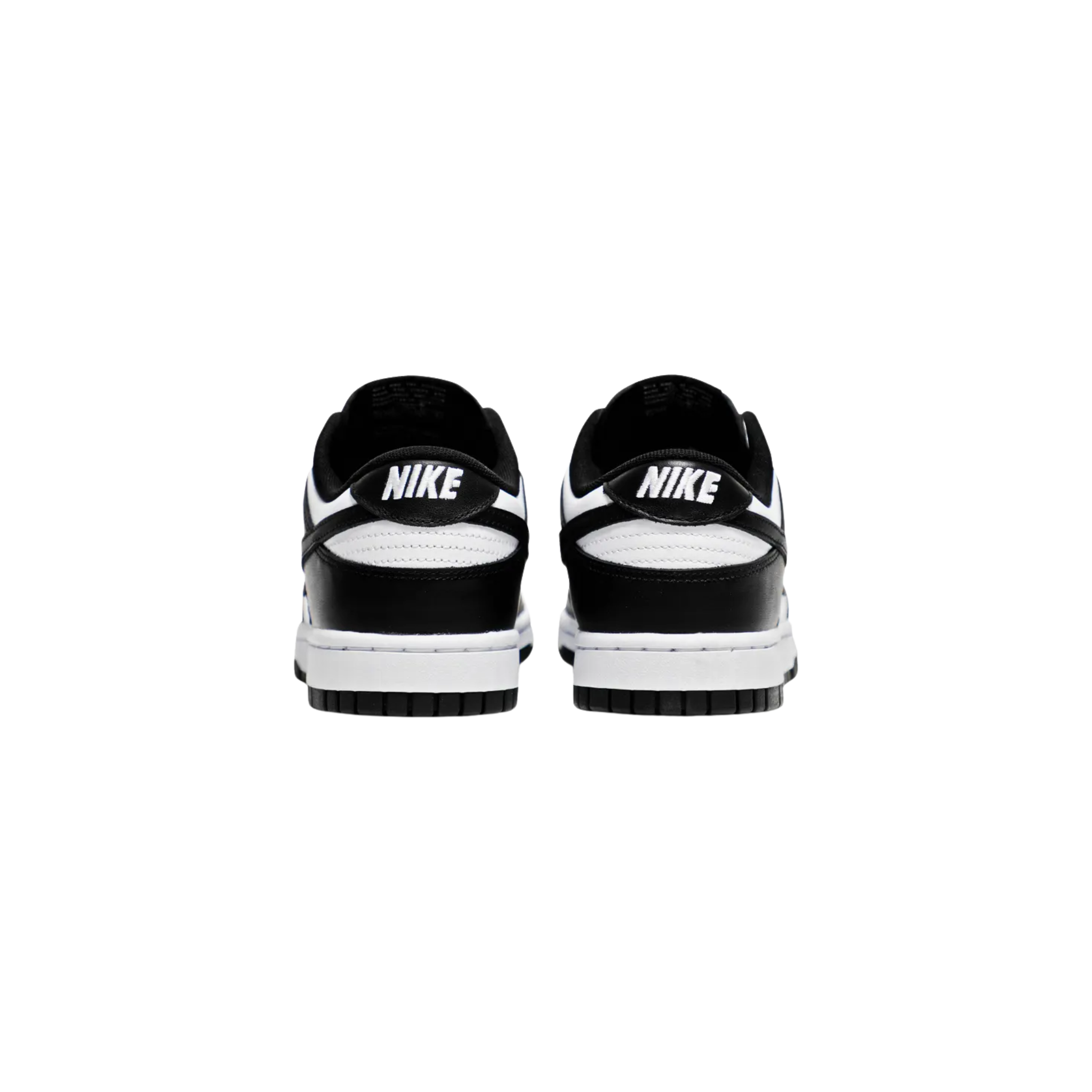 The Nike Dunk Low ‘Black White’ (also known as 'Panda') features a classic two-tone color scheme with a white leather base and contrasting black overlays on the toe and heel. The clean design, developed by Peter Moore, highlights the sneaker’s smooth transition from the hardwood to the street. White Nike branding stands out in relief on both the woven tongue tag and heel tab, completing the iconic, minimalist look.