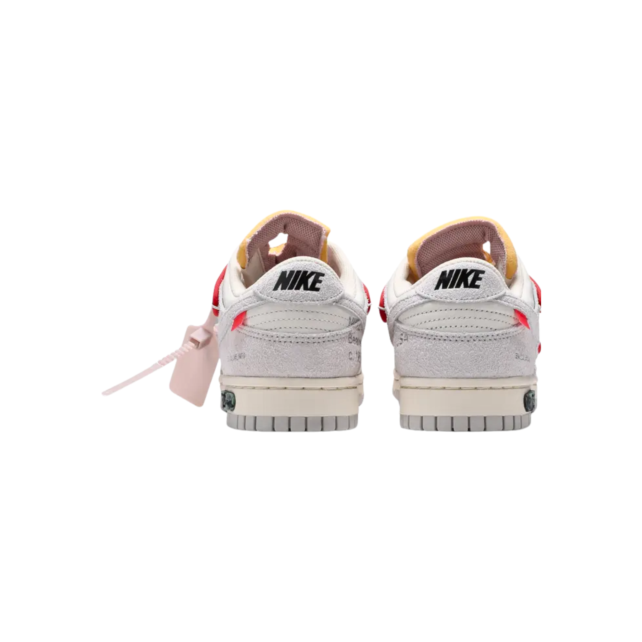 The Off-White x Nike Dunk Low from the 'Dear Summer' collection features a white leather upper with soft grey suede overlays. Signature Virgil Abloh details include a plastic zip tie, printed Helvetica text, and a secondary lacing system. Pops of color come from the zip tie, exposed-foam tongue, and a rectangular tab on the Swoosh. Limited to fifty pairs, the sneaker is marked with a '33 of 50' badge on the lateral midsole, making it a rare and collectible release.