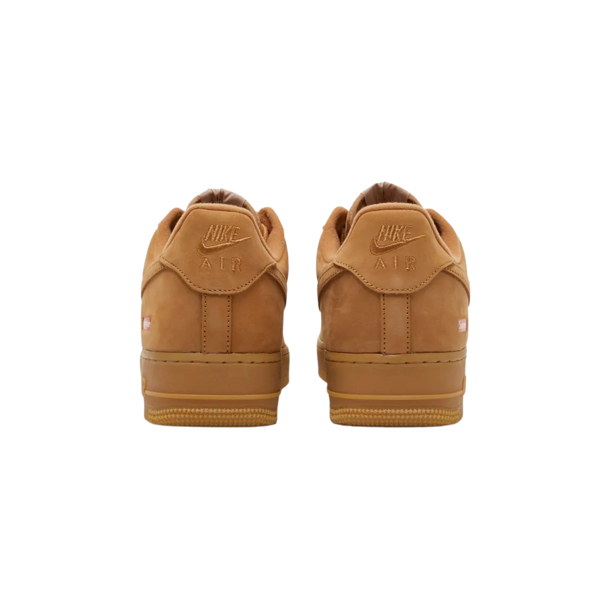 The Supreme x Nike Air Force 1 Low SP ‘Box Logo - Wheat’ features a smooth nubuck upper in a monochrome beige hue, reminiscent of Timberland’s iconic work boots. The sneaker is lined with soft DURAPLUSH and accented with Supreme’s red box logo on the lateral heel. Dual branding appears on the woven tongue tag, sockliner, and metallic lace jewels. The shoe is built on a gum rubber cupsole with Nike Air cushioning in the heel for comfort and support.