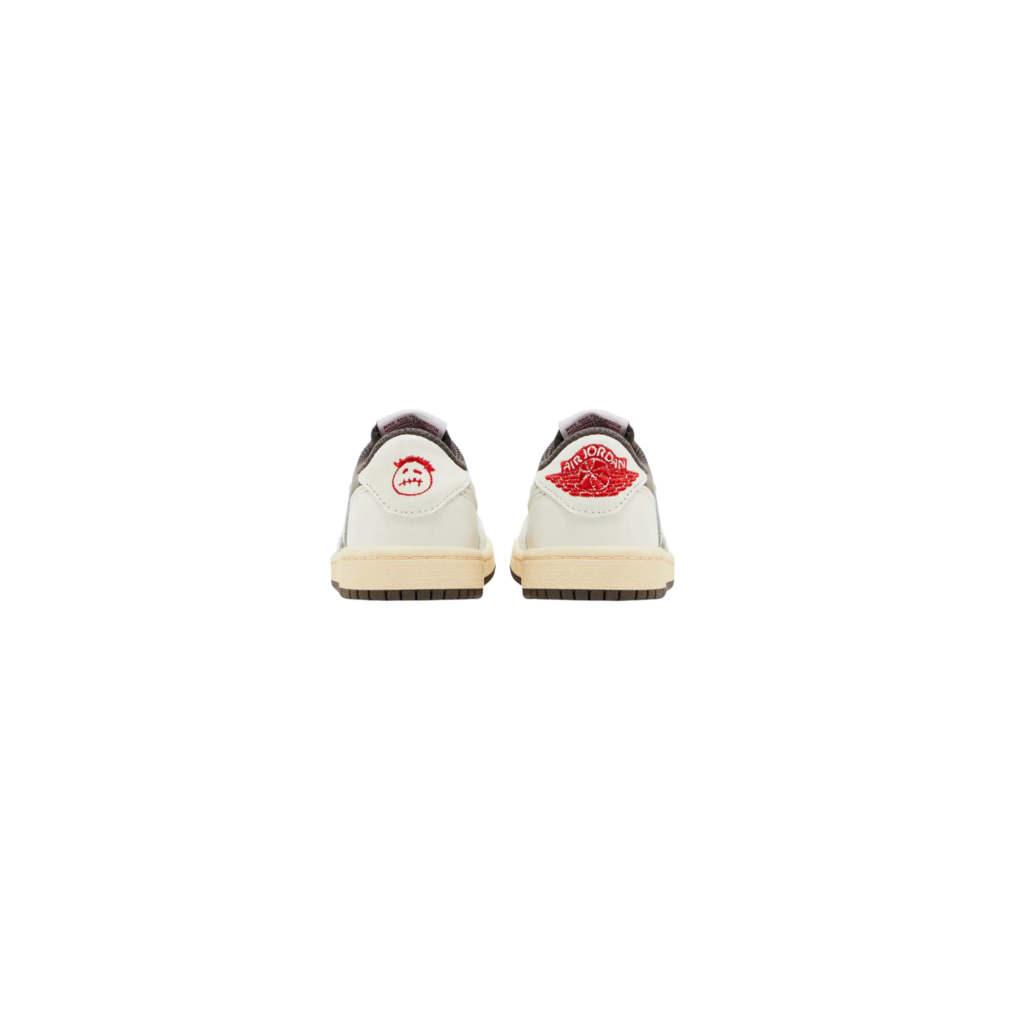 The Travis Scott x Air Jordan 1 Retro Low OG PS ‘Reverse Mocha’ for little kids features a brown nubuck upper with off-white leather overlays, an oversized reverse Swoosh, woven Nike Air and Cactus Jack tags, crimson embroidered heel tabs with Travis Scott's face on the left and the Jordan Wings logo on the right, an aged midsole, and a brown rubber outsole.