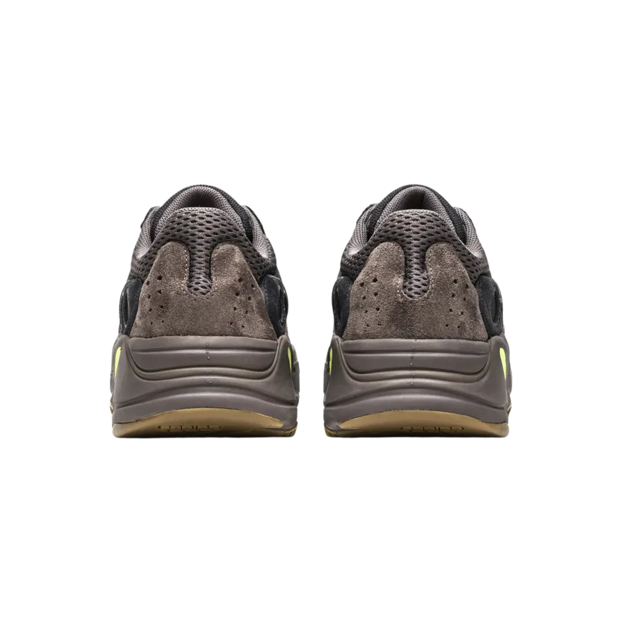 Shop the adidas Yeezy Boost 700 ‘Mauve,’ featuring a multi-layered upper in black and purplish grey with mesh, suede, and textured leather panels. The sculpted midsole is accented with neon green, while subtle exterior branding includes Three-Stripes on the quarter panel and an embossed adidas logo on the outsole.