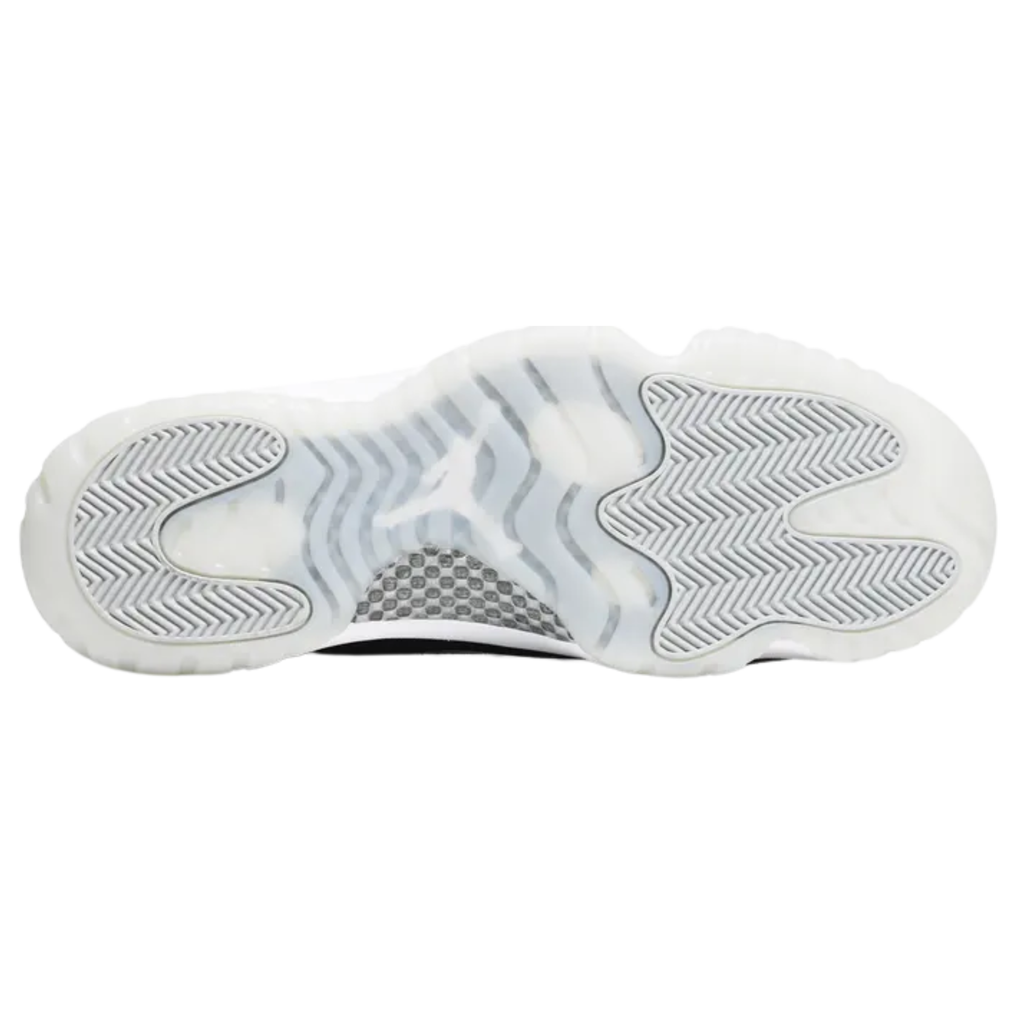 The Air Jordan 11 'Jubilee' celebrates the 25th anniversary with a black ballistic mesh and patent leather upper. A 3D metallic Jumpman and '23' branding adorn the heel, with 'Jordan' spelled out in silver lettering on the eyelets. The sneaker features a white foam midsole and translucent rubber outsole.