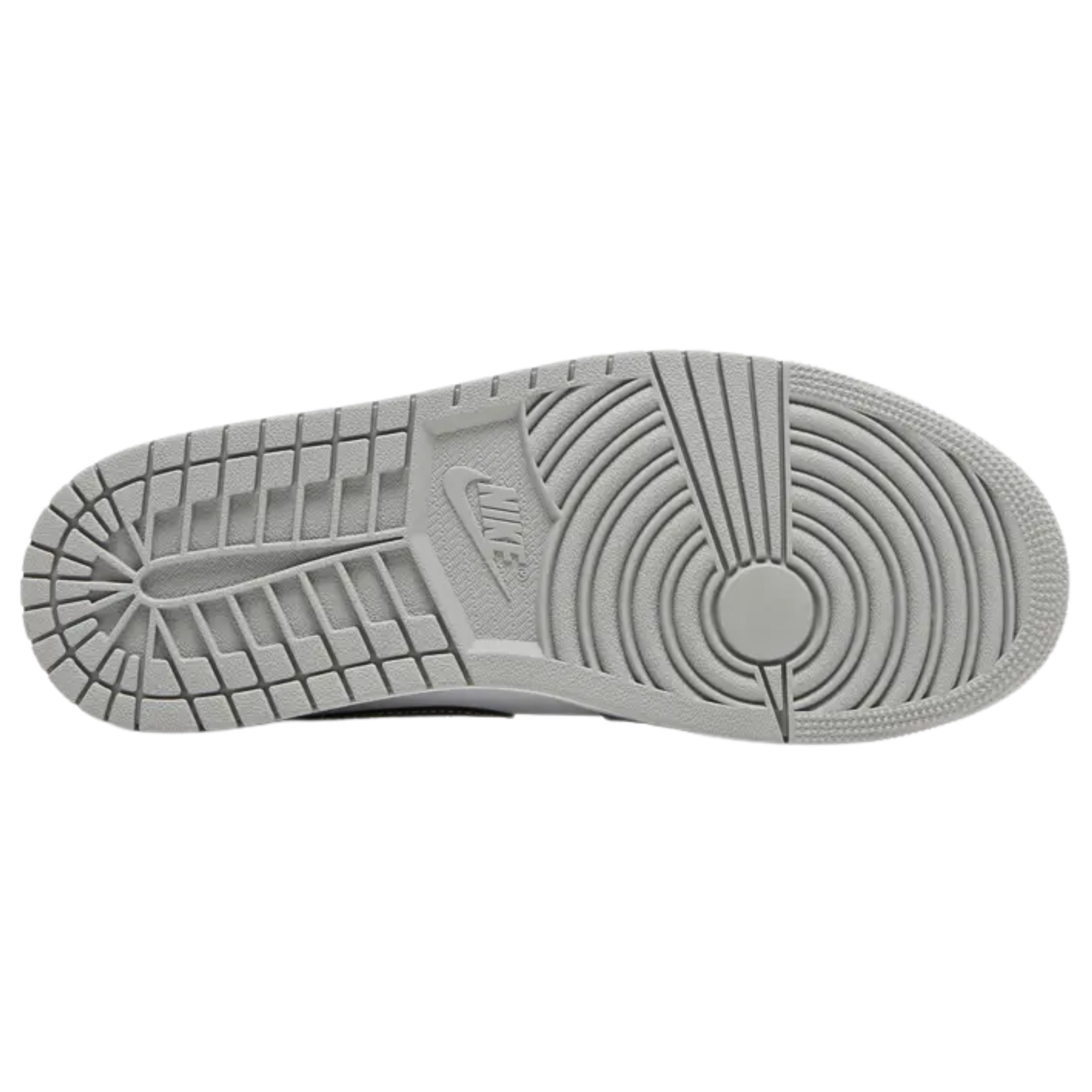 Air Jordan 1 Mid ‘Light Smoke Grey’ Anthracite featuring a smooth leather upper with a white base and light grey overlays at the forefoot and heel. The sneaker includes black accents on the mid-cut collar and Swoosh, with contrast white stitching. Additional branding includes a Jumpman icon on the woven tongue tag and a retro Wings logo on the lateral ankle. It is mounted on a durable rubber cupsole with an encapsulated Air-sole heel unit in lightweight polyurethane.