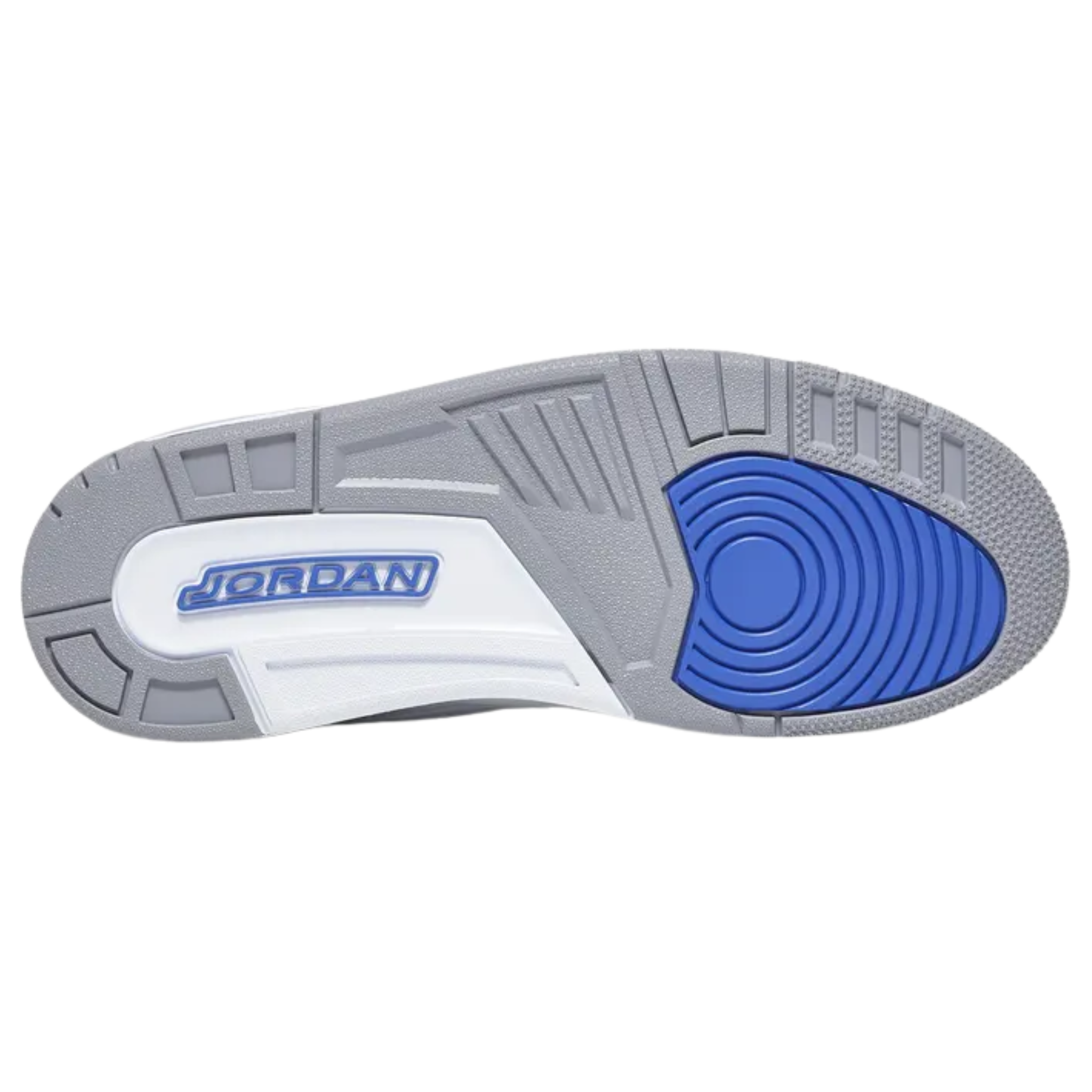 Air Jordan 3 Retro ‘Racer Blue’ featuring a white tumbled leather upper with royal blue detailing on the eyelets, collar, and polyurethane midsole. The sneaker includes visible Air sole cushioning under the heel, Jumpman branding on the tongue and heel, and dual elephant-print overlays with a pronounced crackle pattern.