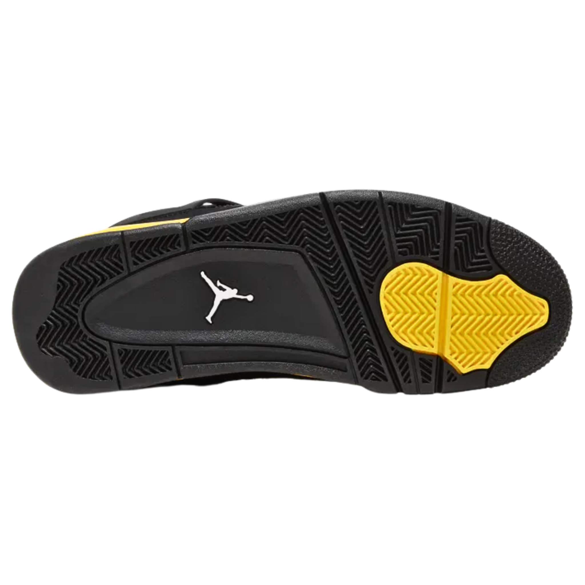 Air Jordan 4 Retro 'Thunder' (2023) featuring a smooth black nubuck upper with yellow accents on the molded eyelets, quarter panel, and lower tongue, all covered in black netting. The sneaker includes Jumpman branding on the Flight tongue tag and molded heel tab, a yellow polyurethane midsole with an exposed Air-sole unit in the heel for cushioning.