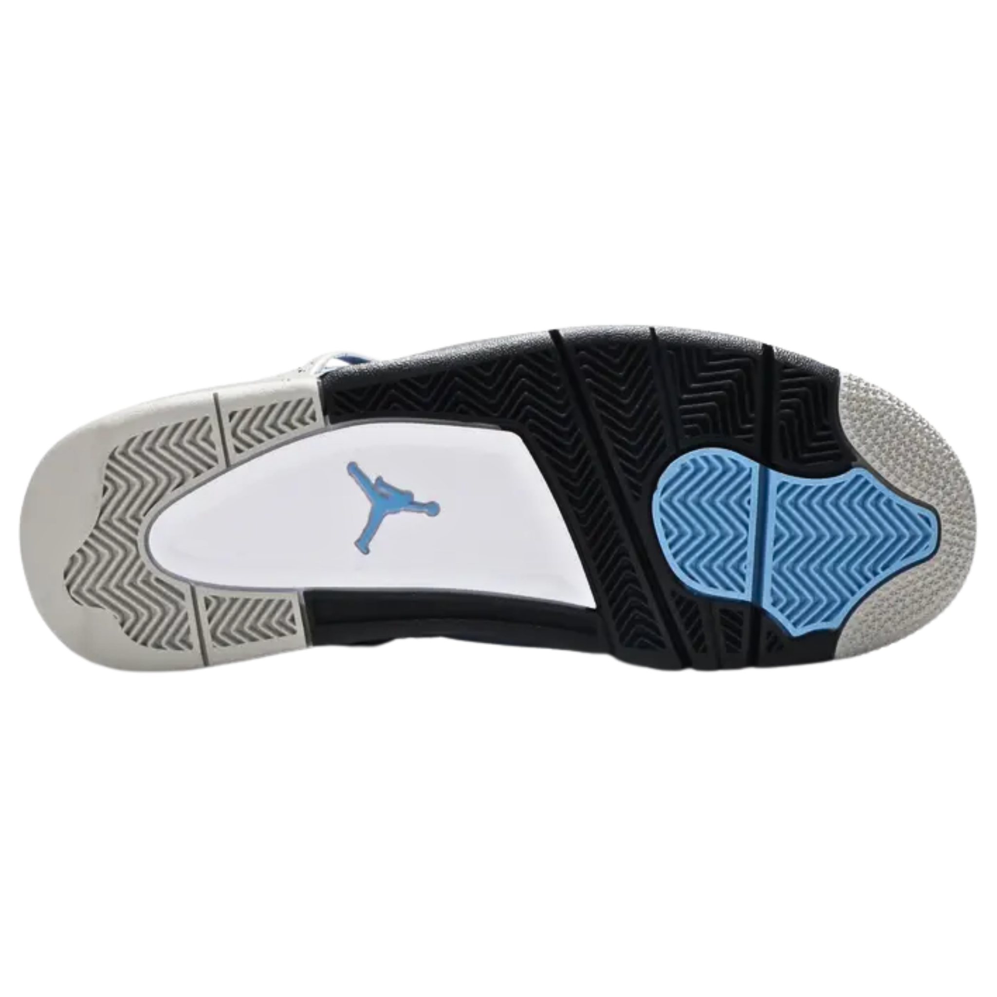 Air Jordan 4 Retro 'University Blue' featuring a suede upper in bright blue, contrasted by speckled grey supportive wings and back heel. The heel displays a raised black Jumpman icon, while secondary Jumpman branding appears on the woven tongue tag, designed to resemble a jock tag from Jordan jerseys.