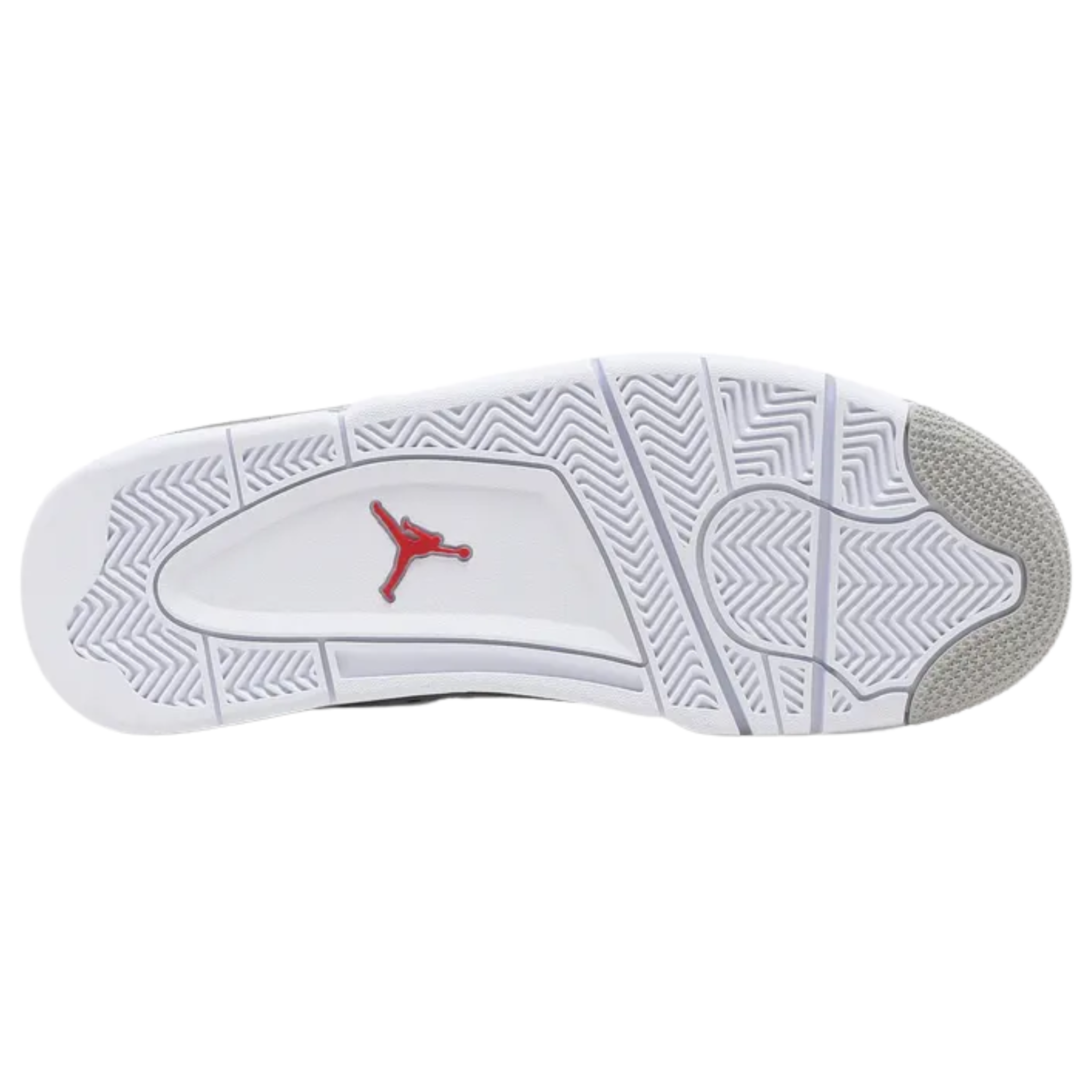 Air Jordan 4 Retro ‘White Oreo’ featuring a white tumbled leather upper with speckled molded eyelets in Tech Grey. The sneaker includes a polyurethane midsole with encapsulated Air cushioning in the forefoot, a visible Air unit in the heel, and Fire Red Jumpman branding on the tongue and heel.