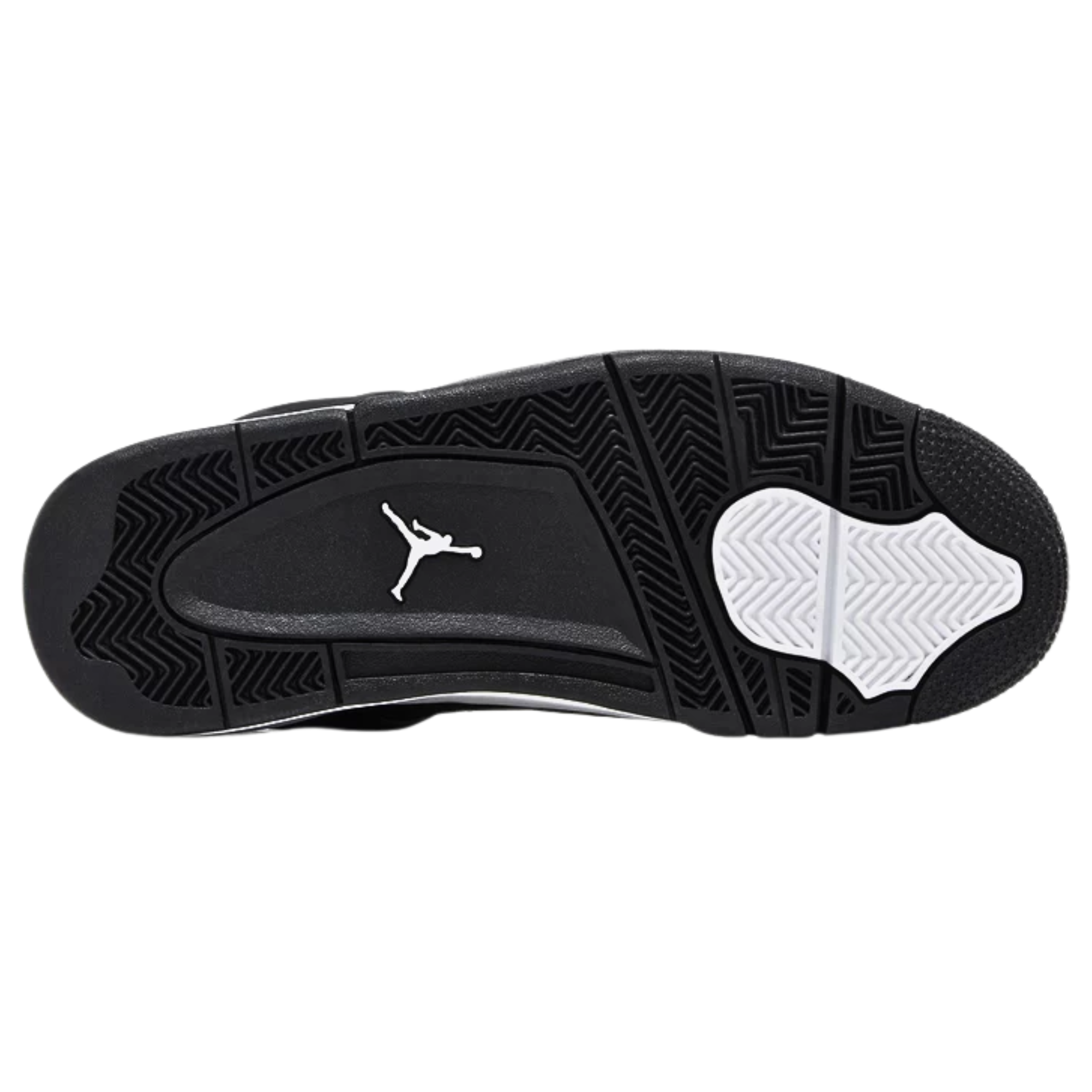 Air Jordan 4 Retro 'White Thunder' featuring a black suede upper with white accents on the molded eyelets and mesh quarter panel with black netting. The sneaker includes white Jumpman logos on the woven tongue tag and molded heel panel, a white polyurethane midsole with a visible Air-sole heel unit, and a black herringbone-traction rubber outsole.