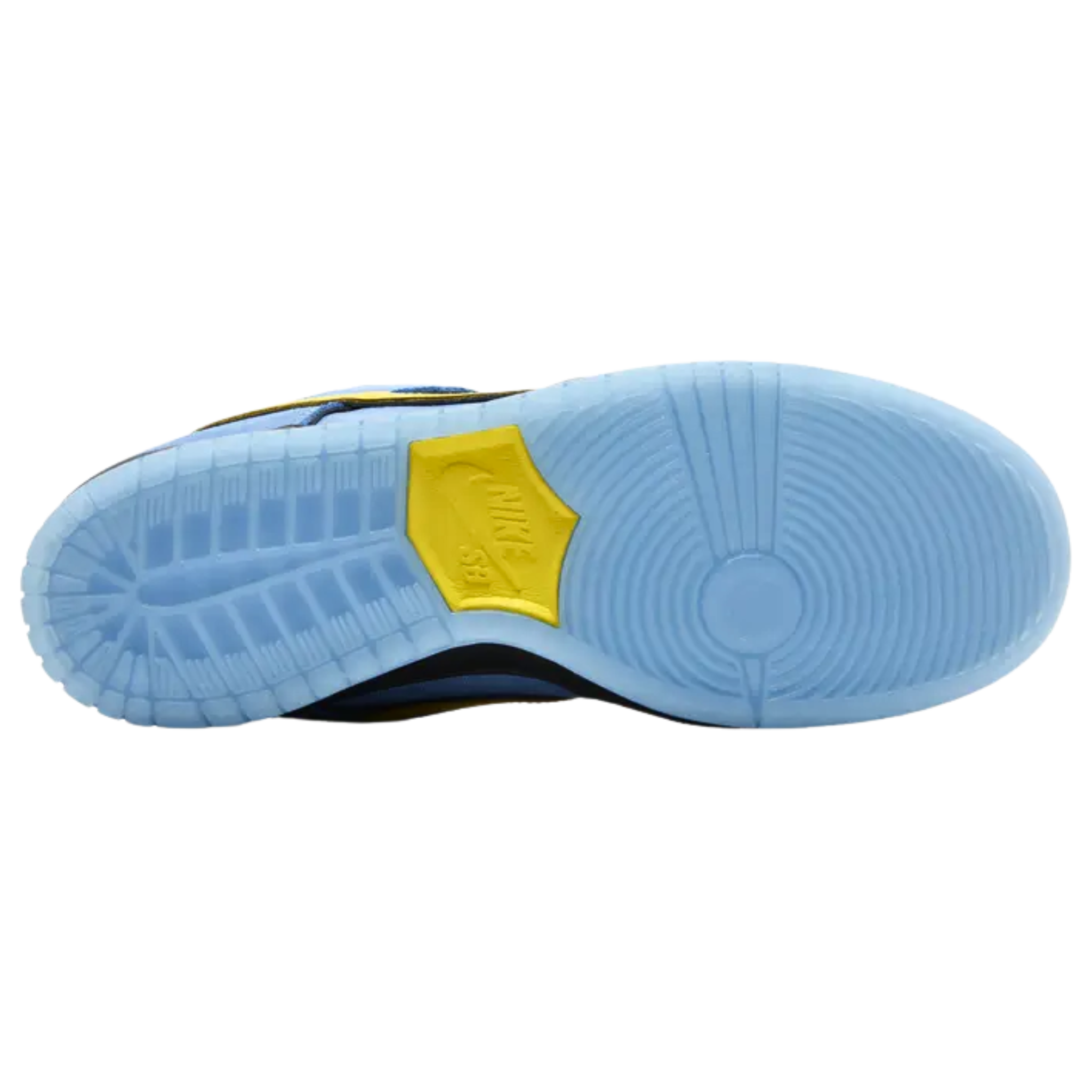 The Powerpuff Girls x Nike Dunk Low Pro SB QS ‘Bubbles’ features a textured blue leather upper with shiny satin lining, black piping, and a contrasting yellow Swoosh. Enlarged heel tabs reflect Bubbles' blue eyes, while the Powerpuff Girls logo appears on a repeating pattern on the stuffed tongue. The sneaker is supported by a durable black midsole and a blue-tinged translucent rubber outsole, combining playful design with functionality.