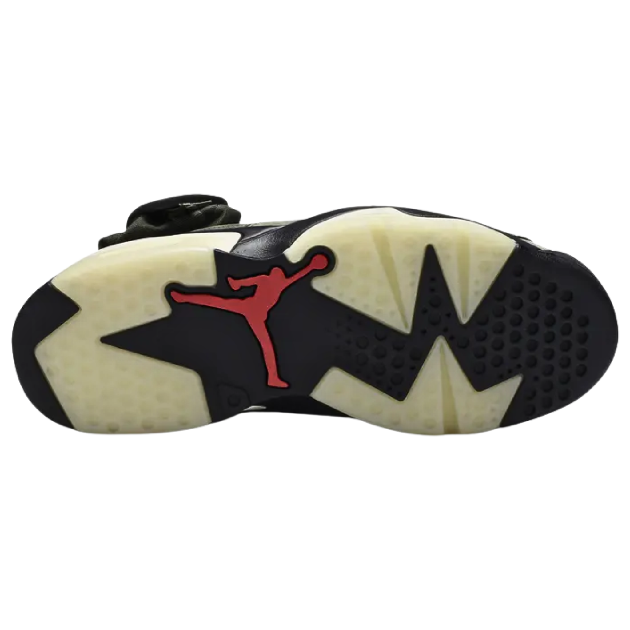 The Travis Scott x Air Jordan 6 Retro 'Olive' features a Medium Olive and black nubuck and suede upper with Sail and University Red accents, a small pocket on the collar, 'Cactus Jack' branding on the heel, and a glow-in-the-dark translucent outsole.