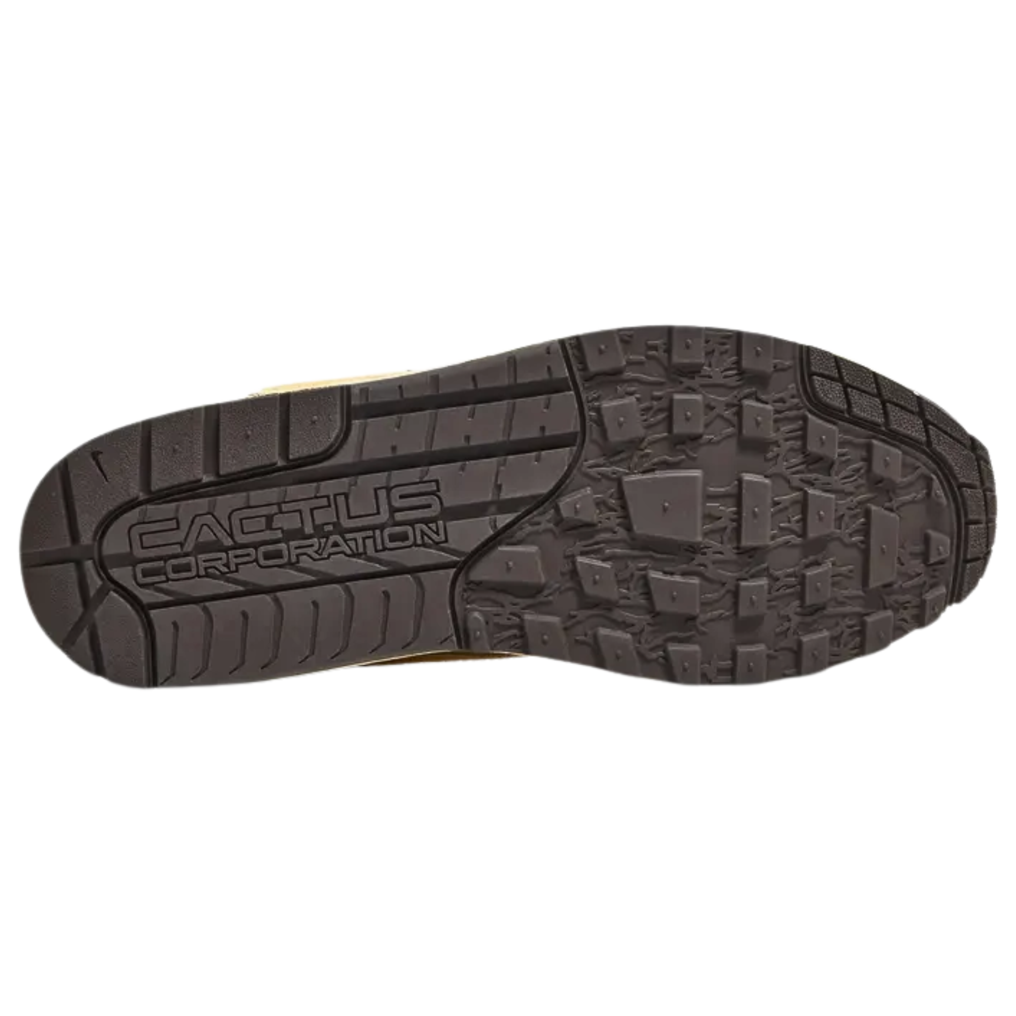 The Travis Scott x Nike Air Max 1 ‘Baroque Brown’ features a rugged outdoor-inspired design with a cream mesh upper, dark tan leather overlays, and a brown nubuck mudguard. Red hiker-style laces secure the shoe, with a reverse Lemon Drop Swoosh on the lateral panel. Multicolor woven straps are integrated into the laces and heel overlay, which sports a crimson patch with Cactus Jack branding on the right shoe and a Nike logo on the left. 