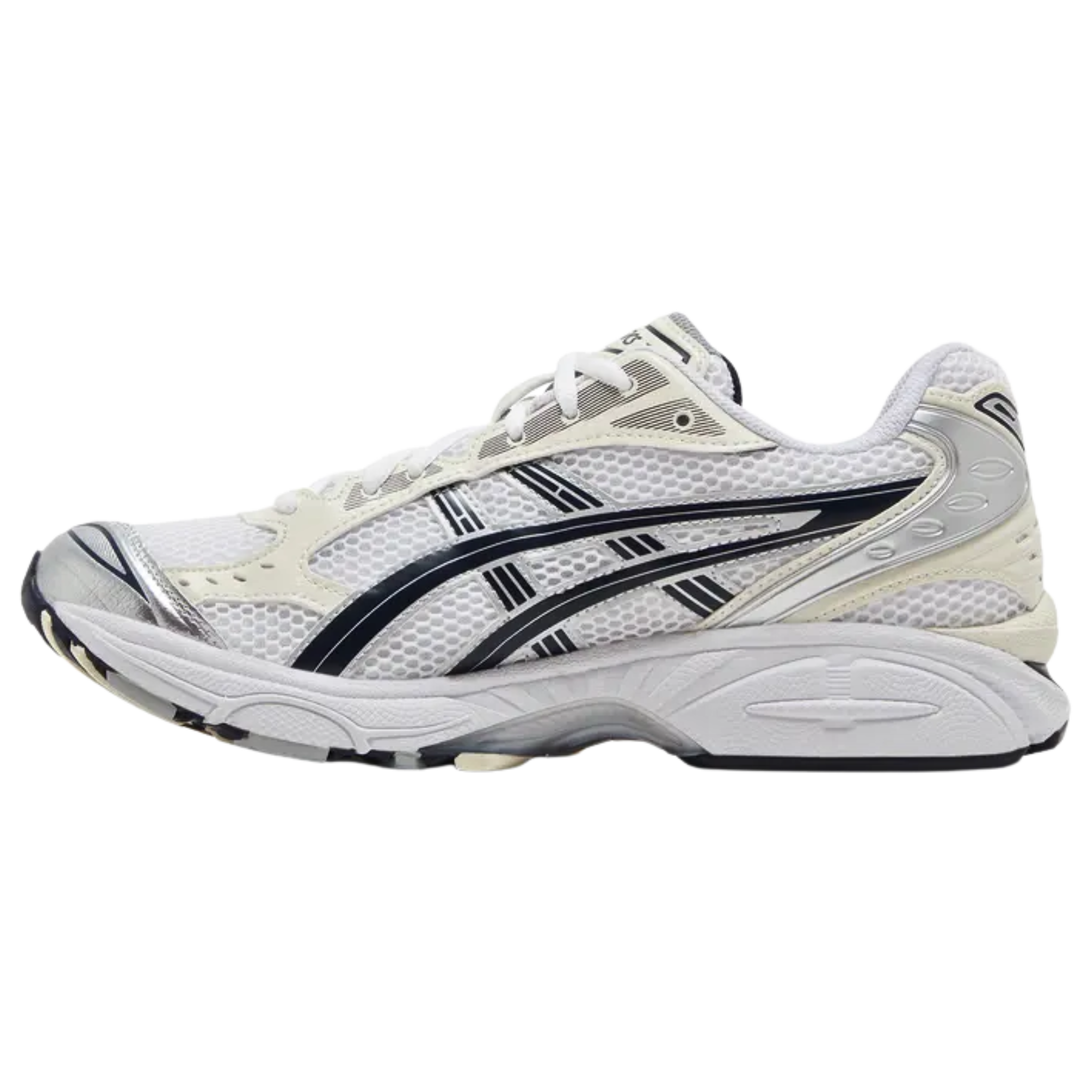 The ASICS Women's Gel Kayano 14 'White Midnight' features a white open-cell mesh upper with cream and metallic silver synthetic leather overlays. Dark grey lines create the signature tiger stripes, while ASICS branding adorns the tongue tag and sockliner. The sneaker offers visible Gel cushioning in the lightweight EVA midsole, providing enhanced impact protection and comfort with every step.