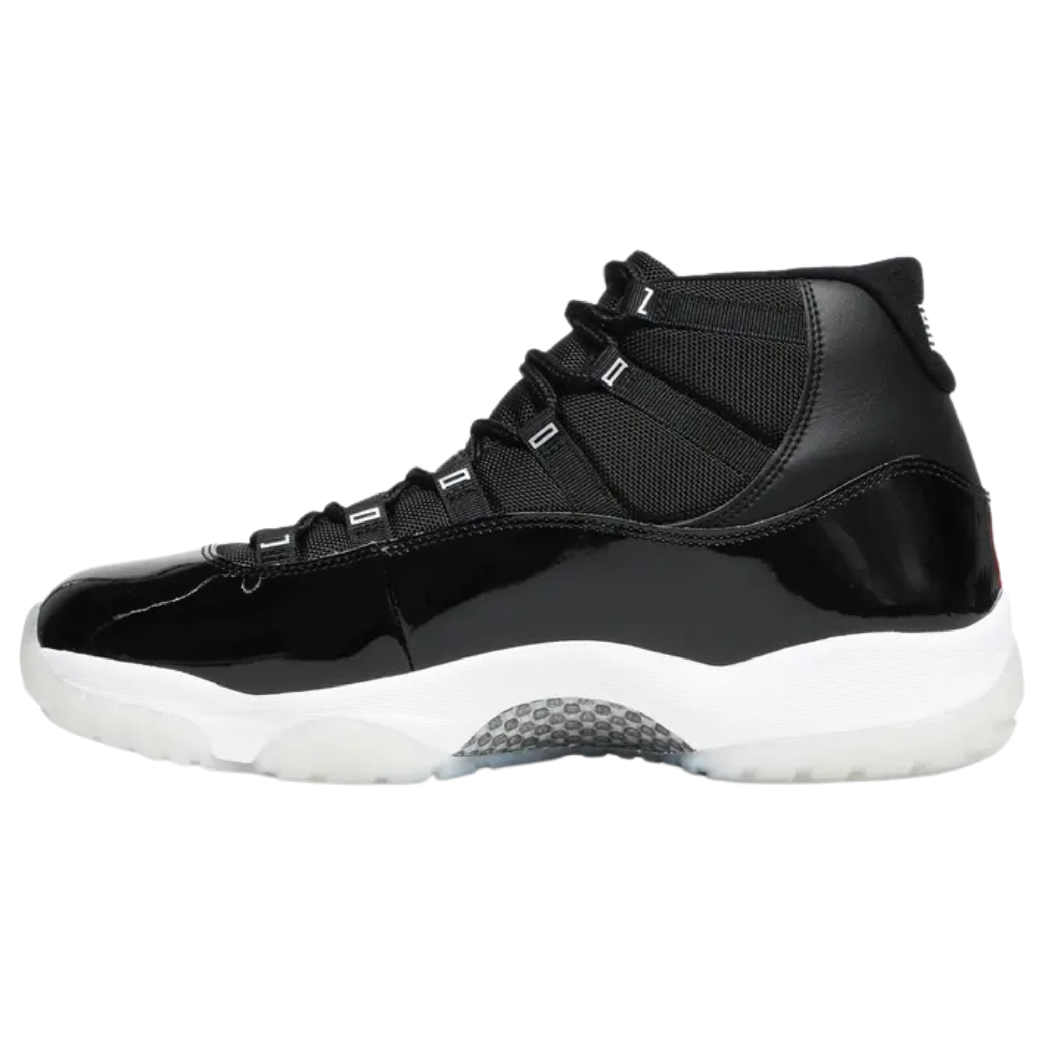 The Air Jordan 11 'Jubilee' celebrates the 25th anniversary with a black ballistic mesh and patent leather upper. A 3D metallic Jumpman and '23' branding adorn the heel, with 'Jordan' spelled out in silver lettering on the eyelets. The sneaker features a white foam midsole and translucent rubber outsole.