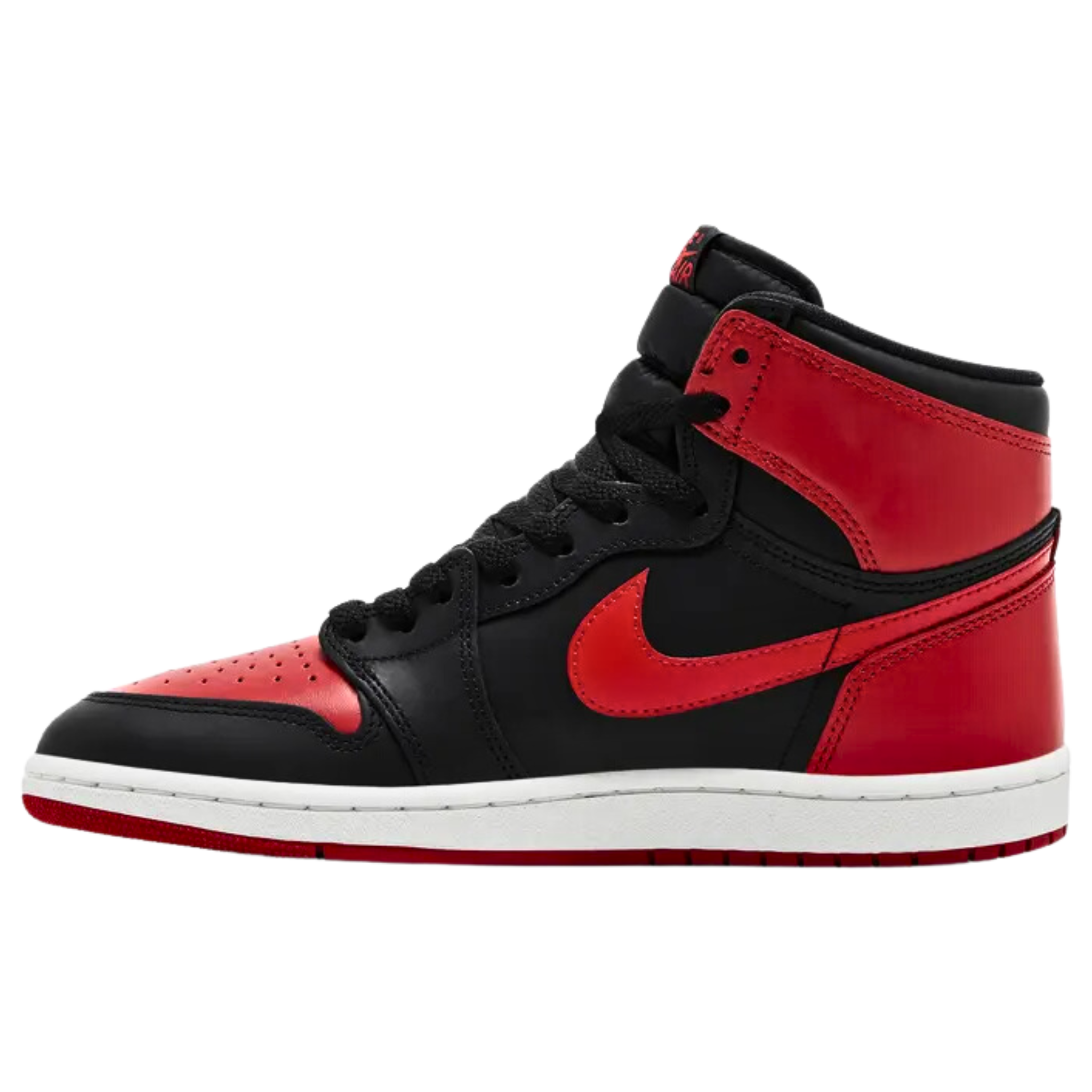 Air Jordan 1 Retro High '85 OG 'Bred' (2025) featuring a black leather upper with Varsity Red accents on the perforated toe, signature Swoosh, heel overlay, and collar flap. The sneaker includes a debossed Wings logo, woven Nike Air tag on the nylon tongue, and a white rubber cupsole with a durable crimson outsole.