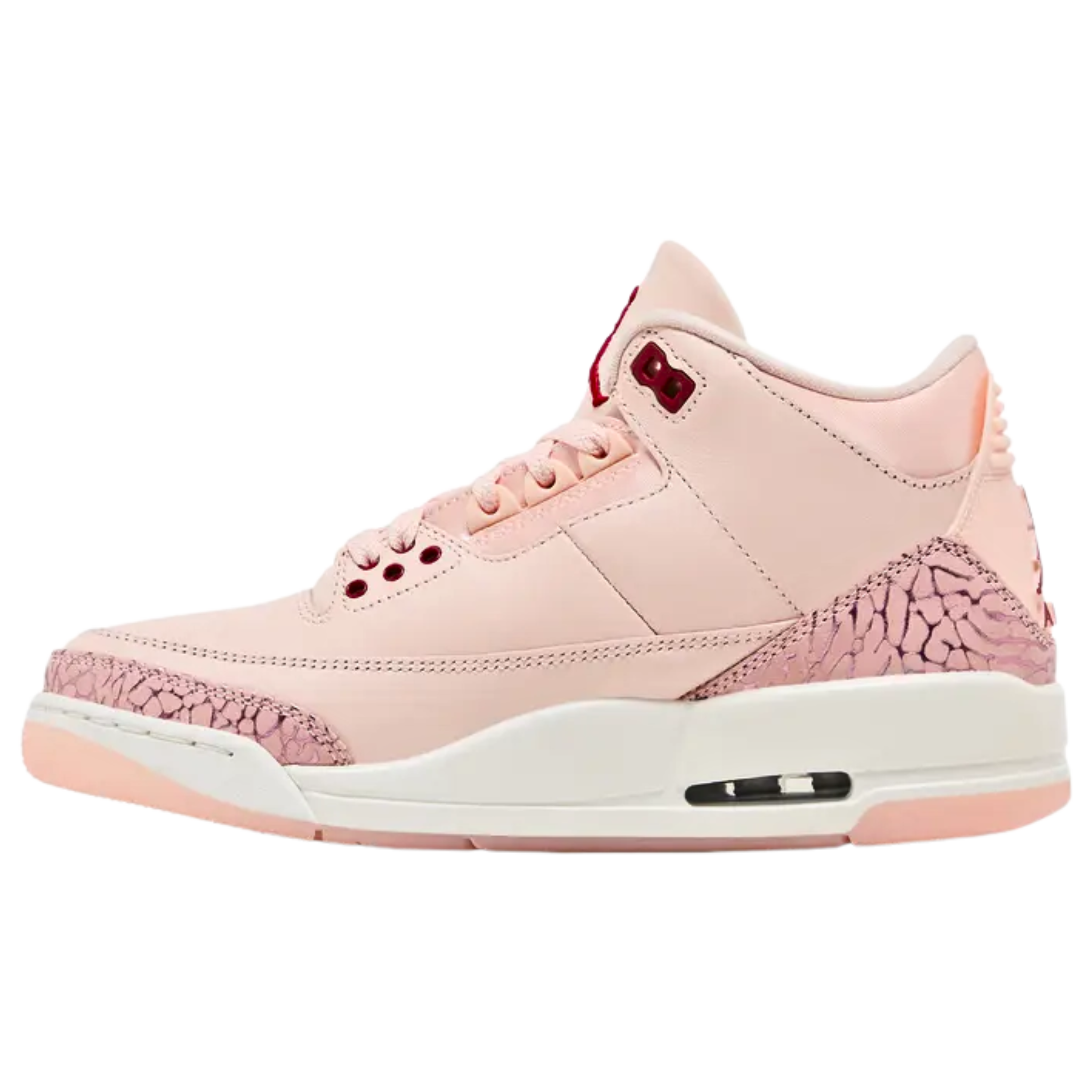 Women's Air Jordan 3 Retro 'Treat Yourself' featuring a Washed Coral tumbled leather upper with tonal elephant print overlays, Gym Red molded eyelets, and matching Jumpman branding on the tongue and heel tab. The sneaker includes an off-white polyurethane midsole with a visible Air-sole unit and a pink semi-translucent rubber outsole for traction.
