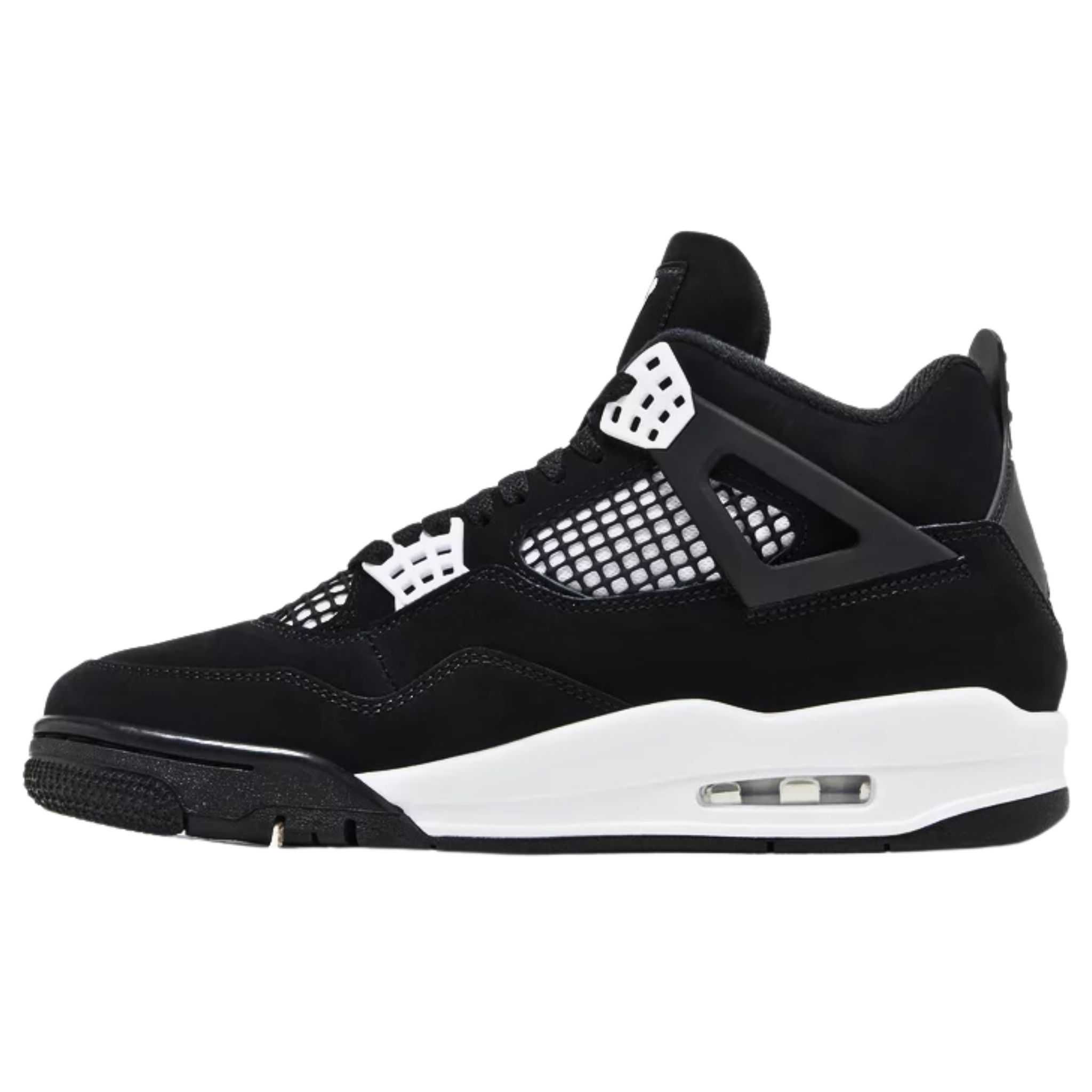 Air Jordan 4 Retro 'White Thunder' featuring a black suede upper with white accents on the molded eyelets and mesh quarter panel with black netting. The sneaker includes white Jumpman logos on the woven tongue tag and molded heel panel, a white polyurethane midsole with a visible Air-sole heel unit, and a black herringbone-traction rubber outsole.