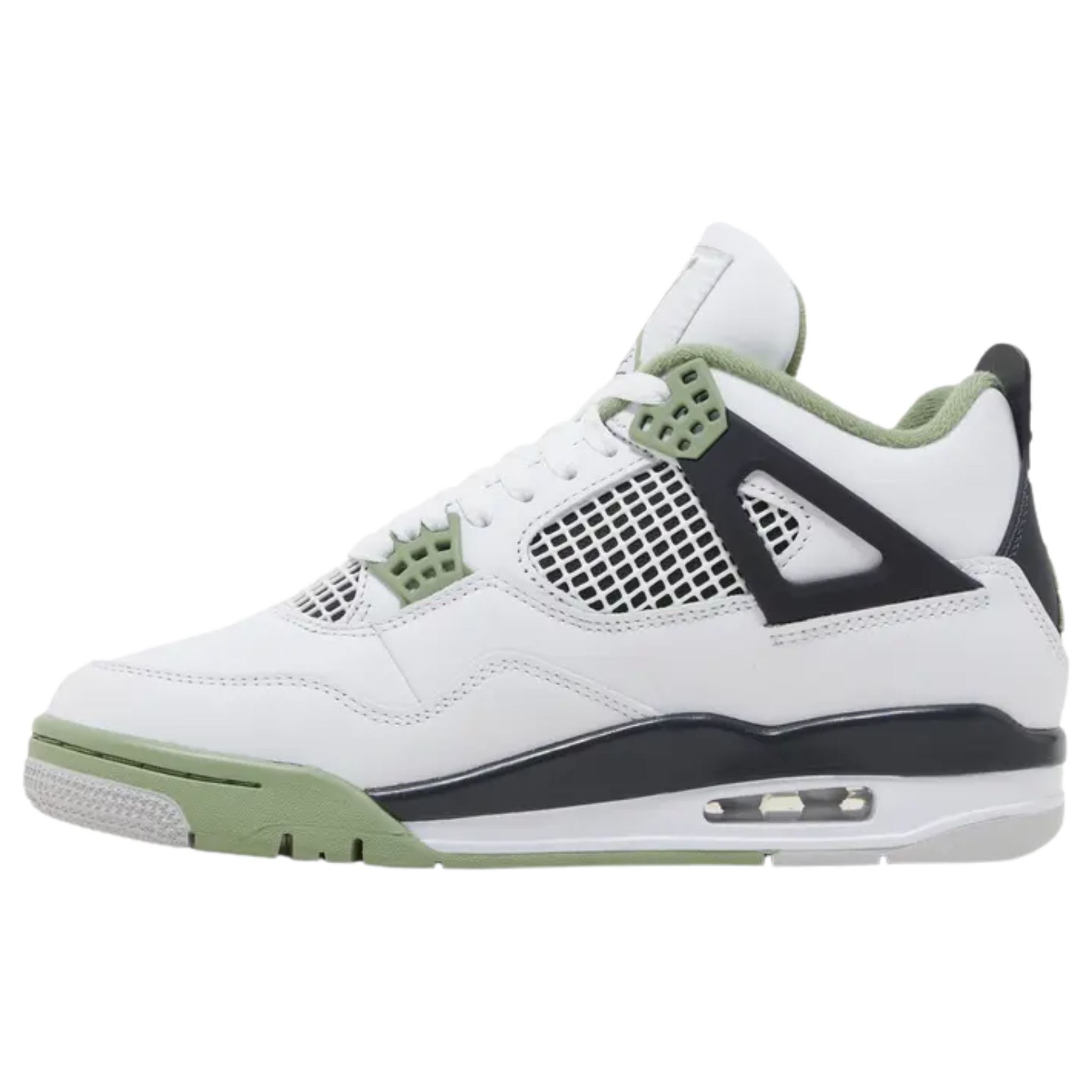 Women’s Air Jordan 4 Retro ’Seafoam’ featuring a smooth white leather upper with Oil Green accents on the eyelets, interior lining, and Jumpman branding on the Flight tongue tag and molded heel tab. The sneaker includes quarter panel netting, support wings, a polyurethane midsole with a visible Air-sole unit in the heel, and a green accent throughout the forefoot.