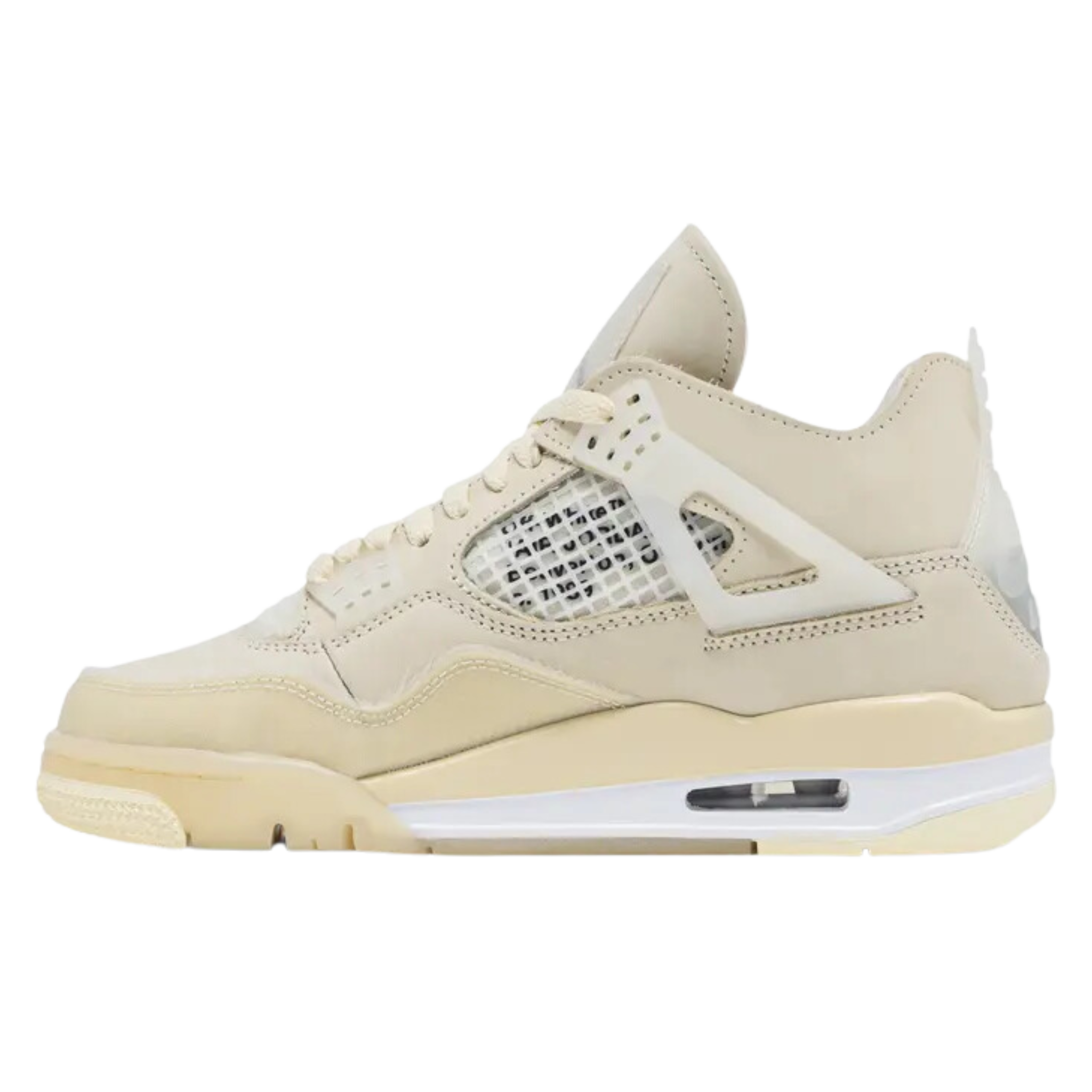 The Off-White x women's Air Jordan 4 Retro SP 'Sail' features a deconstructed leather upper in Off-White, with semi-translucent TPU detailing on the eyelets, 'wings,' and heel panel. Virgil Abloh’s signature zip tie and ‘AIR’ branding above the Air sole unit complete the design.