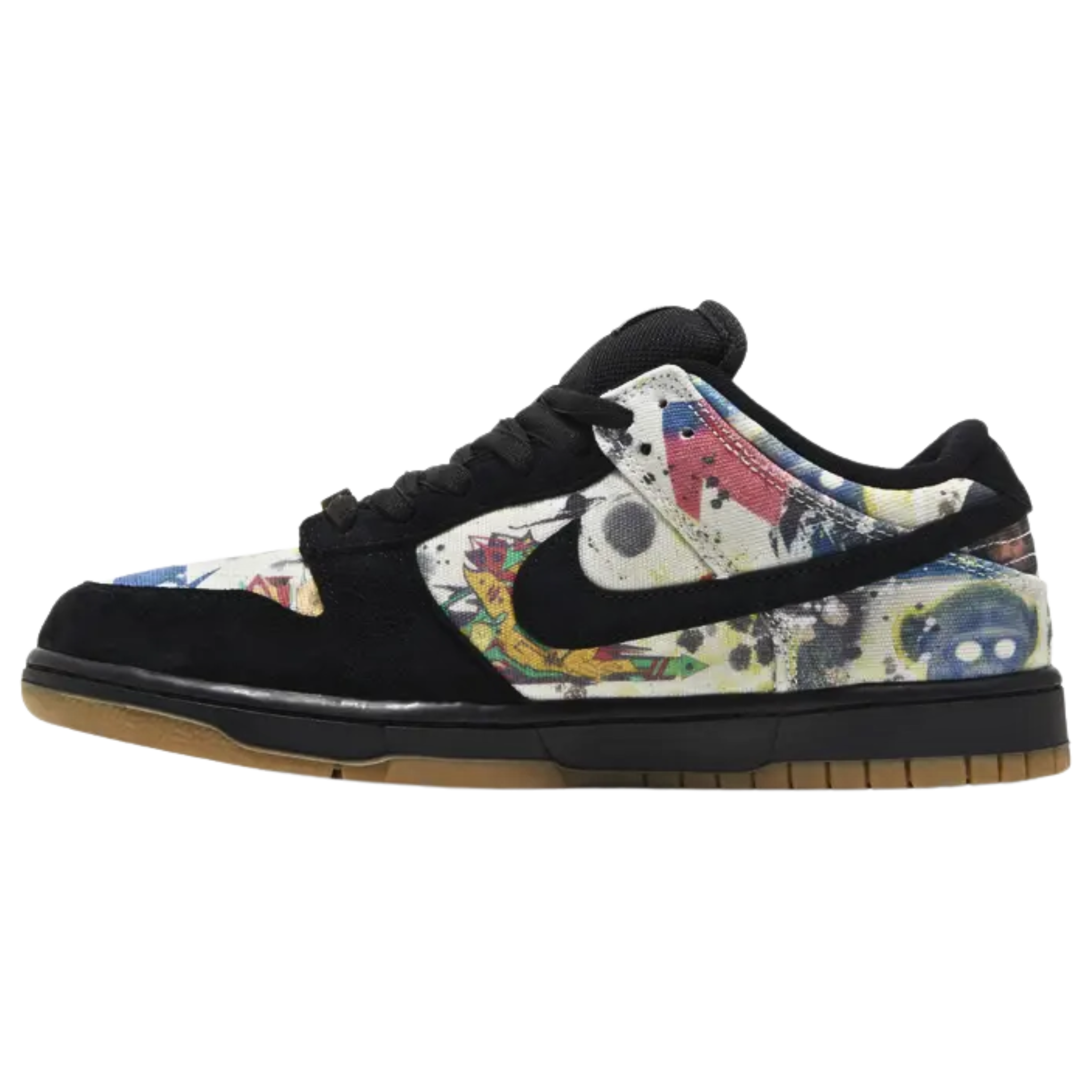 The Supreme x Nike Dunk Low SB ‘Rammellzee’ features a canvas upper adorned with the late artist’s original graffiti designs. Durable black suede is used on the eyestay, Swoosh, and forefoot overlay, complemented by a padded mesh tongue and textile collar lining. Metallic gold ‘Supreme’ lace dubrae add gleaming accents. The sneaker rests on a durable cupsole with black sidewalls and a gum rubber outsole, combining artistic expression with skate-ready performance.