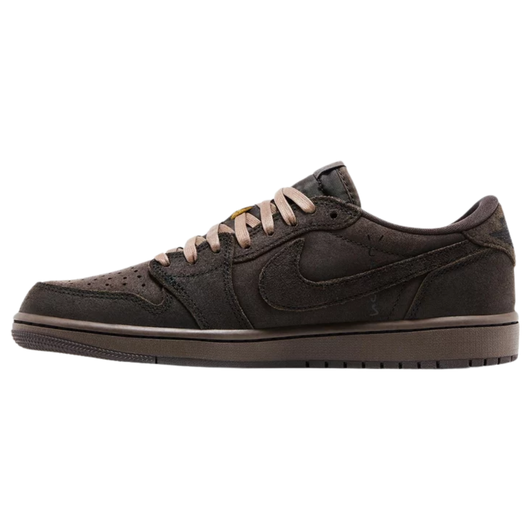 Travis Scott x Air Jordan 1 Retro Low OG SP 'Velvet Brown' featuring a black tumbled leather and brown suede upper with a reverse Swoosh. The sneaker includes a woven Nike Air tag on the brown nylon tongue, mismatched Cactus Jack and Jordan Wings branding on the back tabs, and a brown rubber cupsole with an encapsulated Air-sole unit in the heel.