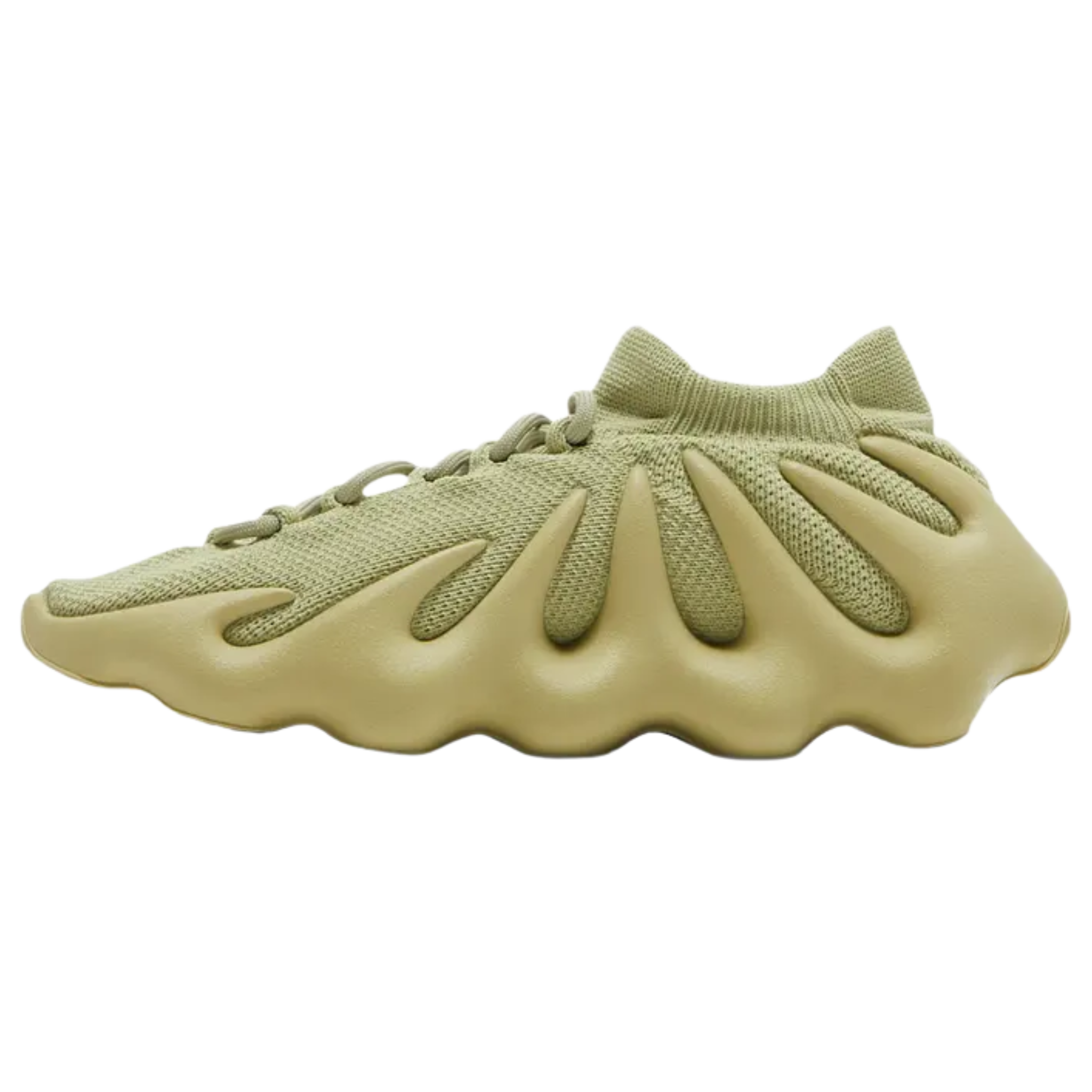 Shop the adidas Yeezy 450 ‘Resin’ featuring a pale green monochrome finish with a one-piece knit upper and claw-like EVA midsole. Designed with tapered 'fingers' wrapping the side panels, tonal rope laces, a sock-like cuff, and Ortholite insole with dual adidas and Yeezy branding. The contoured rubber outsole ensures optimal grip with a wavy traction pattern.