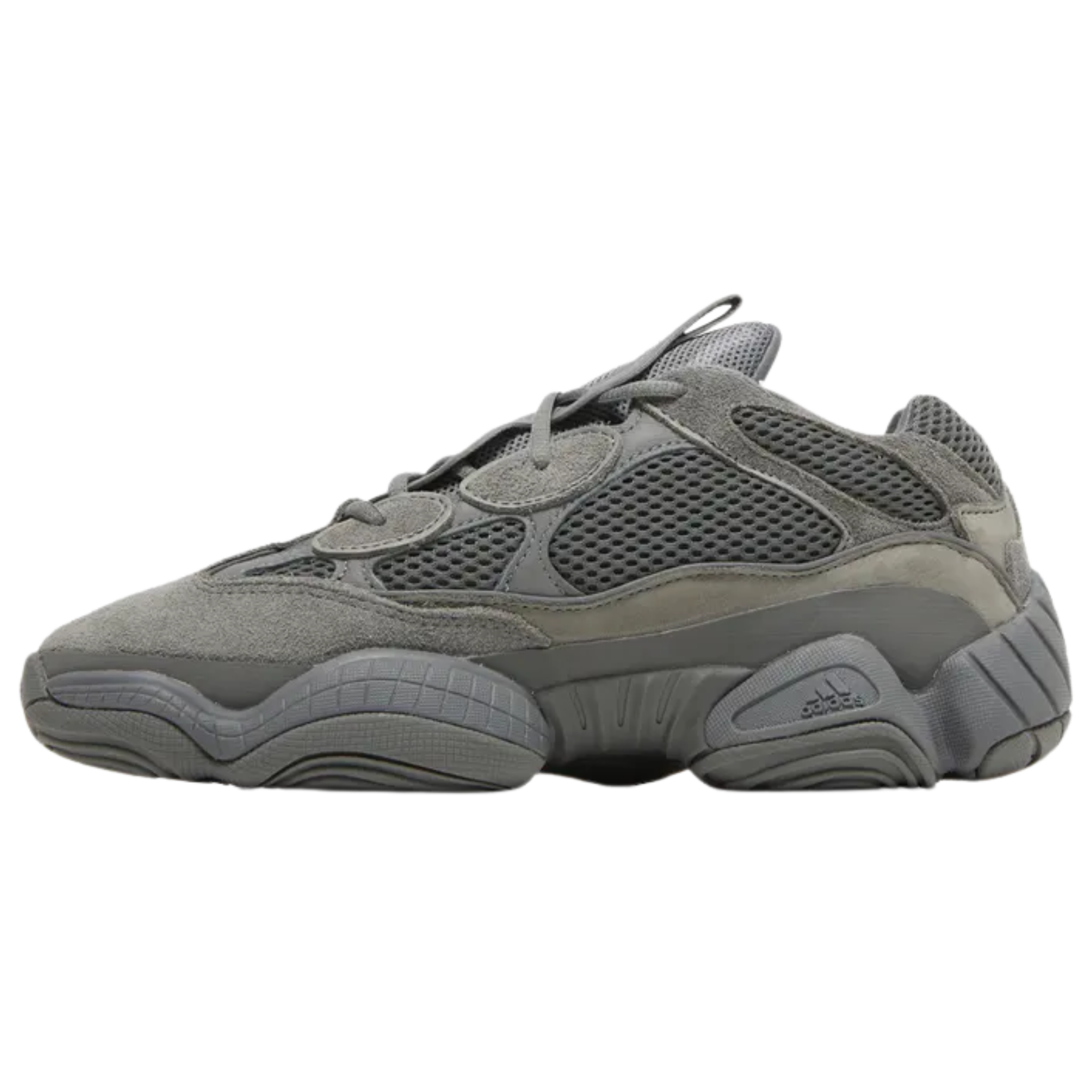 Shop the adidas Yeezy 500 ‘Granite’ featuring a subdued greyscale finish with charcoal mesh, suede, and leather overlays. The padded Lycra collar ensures comfort, while the seamless rubber mudguard enhances durability. The podular adiPRENE+ midsole, inspired by the adidas KB8 3, provides cushioning and support.