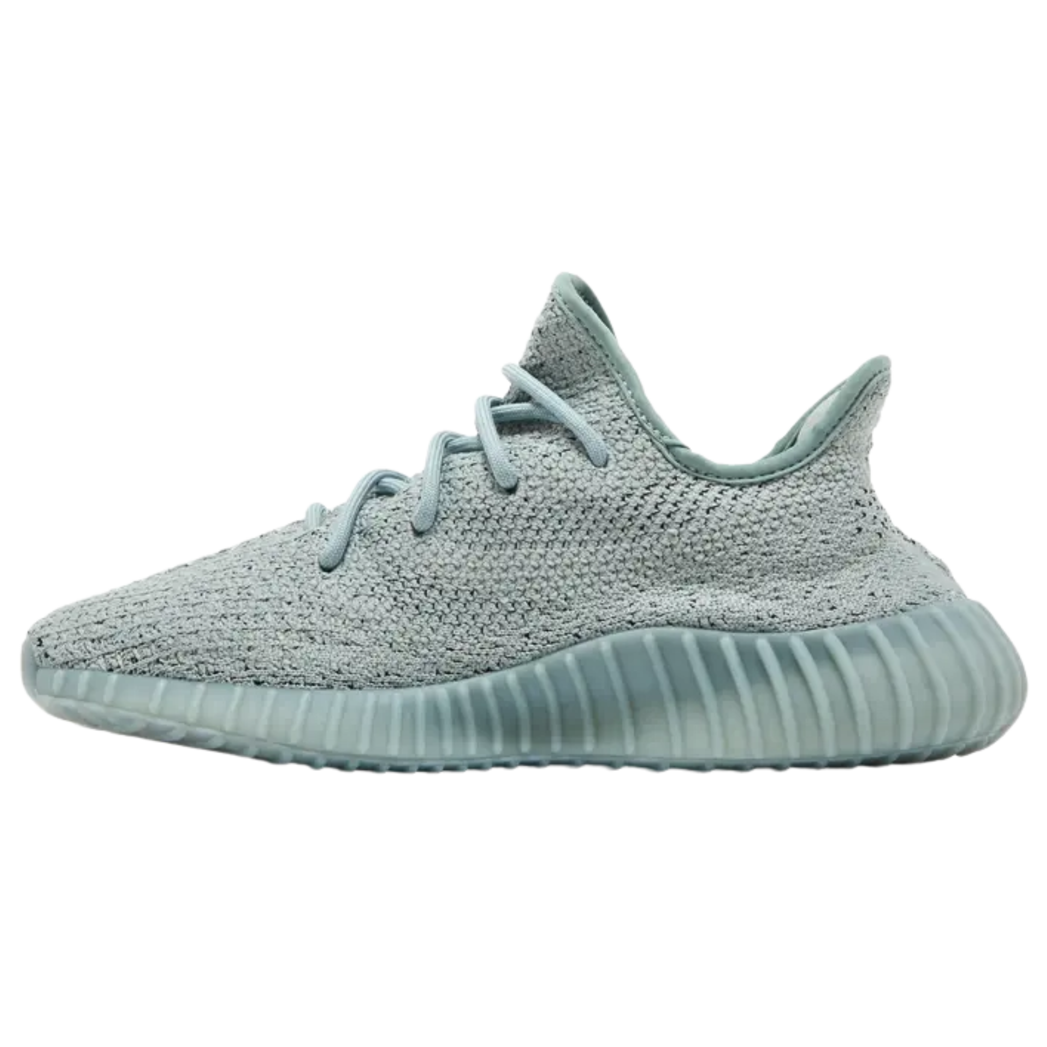 Shop the adidas Yeezy Boost 350 V2 ‘Salt’ (Jade Ash) featuring a mint green Primeknit upper with center-stitch detailing and black lateral streak with SPLY-350 branding. Equipped with rope laces, a full-length Boost midsole for responsive cushioning, a semi-translucent TPU cage, and a durable rubber outsole for grip.